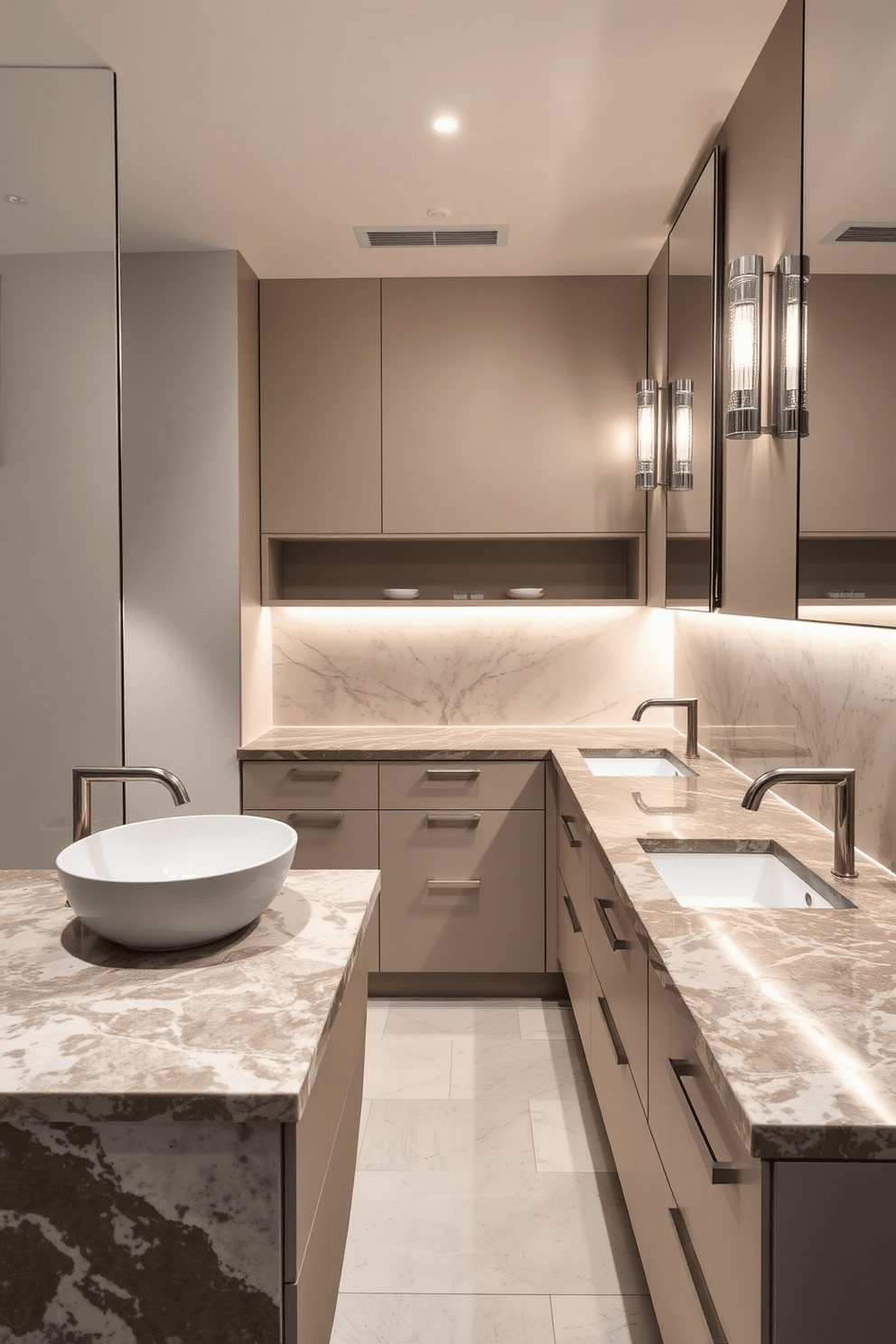 A modern bathroom design featuring natural stone countertops exuding a luxurious vibe. The space includes sleek cabinetry and contemporary fixtures, complemented by elegant lighting that enhances the overall aesthetic.