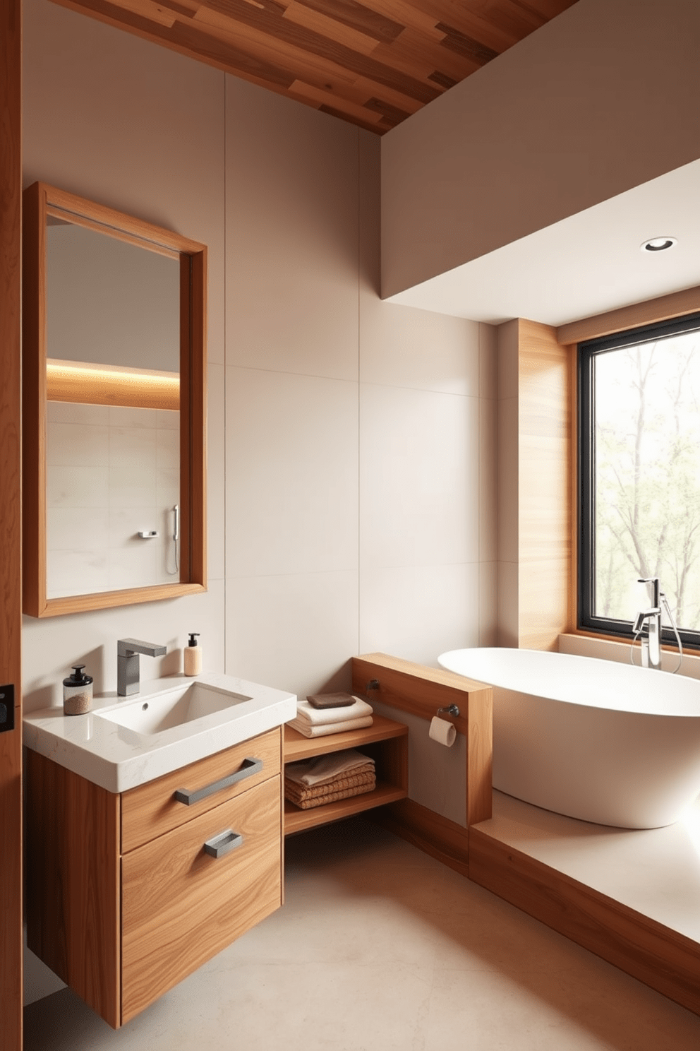 A modern bathroom design featuring warm wood accents that create a cozy atmosphere. The space includes a sleek wooden vanity with a quartz countertop and a large mirror framed in natural wood. The walls are adorned with soft beige tiles that complement the warm tones of the wood. A freestanding bathtub sits next to a large window, allowing natural light to fill the room.