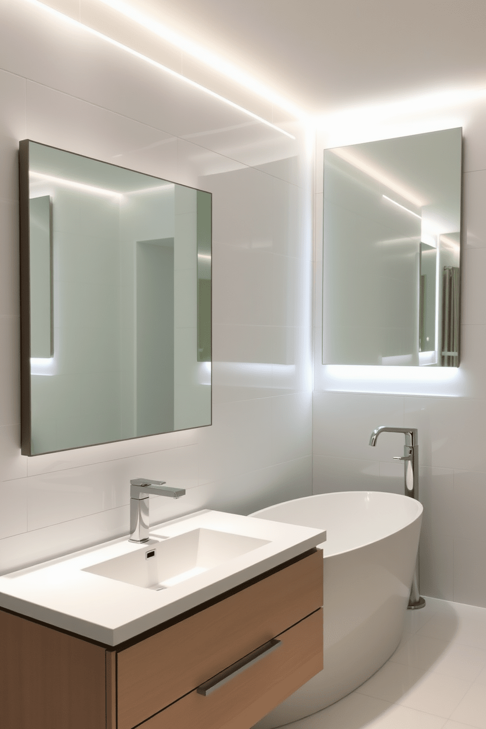 A modern bathroom featuring sleek backlit mirrors that provide soft illumination. The mirrors are framed in brushed nickel and are positioned above a floating vanity with a minimalist design. The walls are adorned with large-format white tiles that create a clean and spacious look. A freestanding soaking tub sits elegantly in the corner, complemented by a stylish floor-mounted faucet.