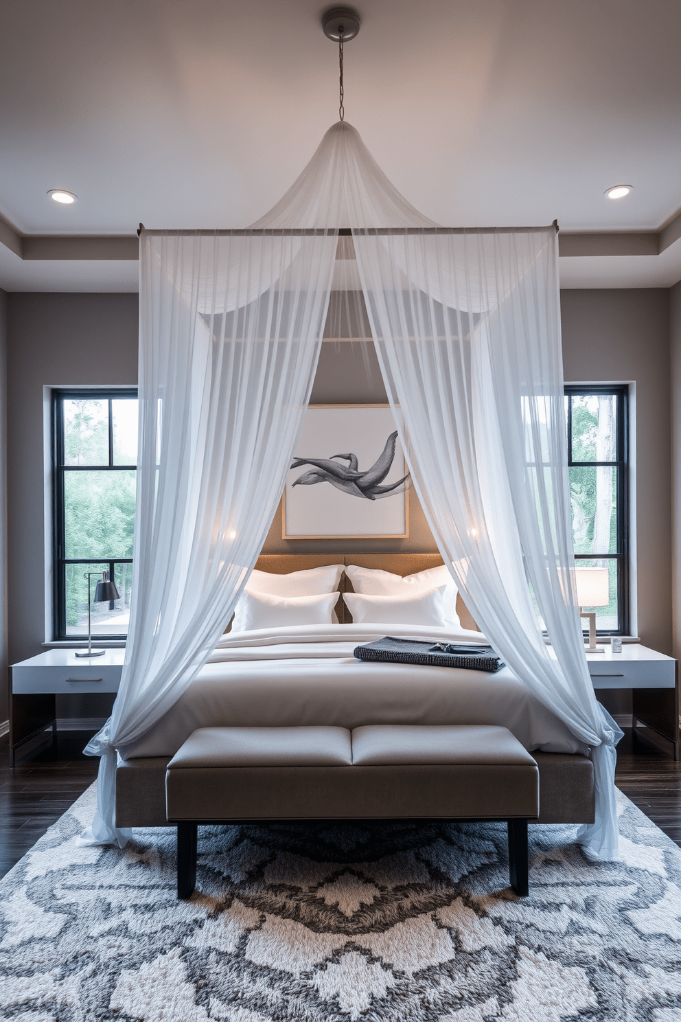 A modern bedroom featuring a luxurious canopy bed draped with sheer white fabric that adds an air of elegance. The walls are painted in a soft gray, complemented by a plush area rug in a geometric pattern, creating a cozy atmosphere. On either side of the bed, sleek nightstands hold contemporary lamps with warm, soft lighting. Large windows allow natural light to flood the room, showcasing minimalistic artwork that enhances the sophisticated design.