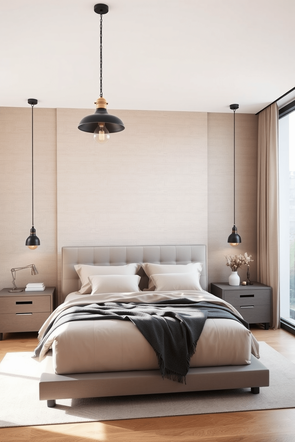 A modern bedroom featuring a mix of metals in the lighting fixtures. The room showcases a sleek platform bed with a plush headboard and layered bedding in neutral tones. Industrial-style pendant lights with a combination of brass and black finishes hang above the nightstands. A large window allows natural light to flood the space, highlighting the textured accent wall and minimalist decor.