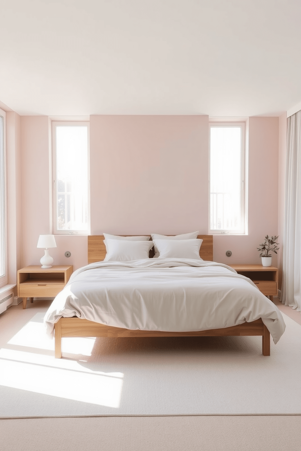 A modern bedroom design featuring soft pastel colors that create a calming atmosphere. The walls are painted in a light blush tone, complemented by a plush light gray bedspread and fluffy white pillows. A minimalist wooden bed frame sits against the wall, paired with sleek nightstands on either side. Large windows allow natural light to flood the space, with sheer curtains gently diffusing the sunlight.