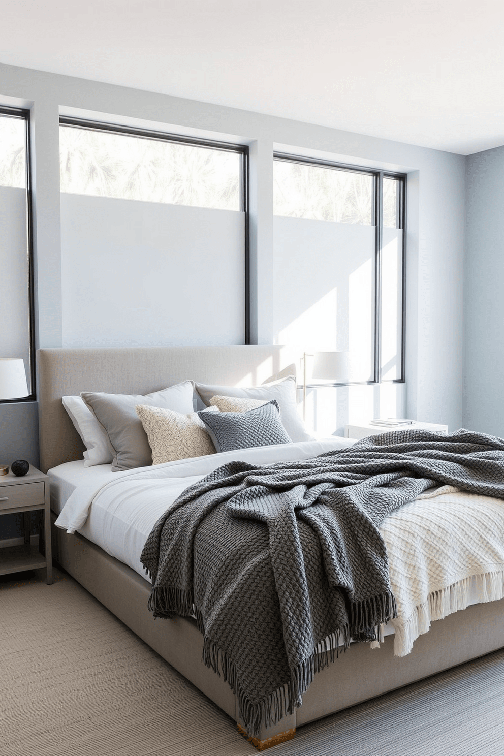 A modern bedroom featuring a large bed adorned with soft textured throws in various shades of gray and cream. The walls are painted in a calming light blue, and large windows allow natural light to fill the space, highlighting a minimalist nightstand on either side of the bed.