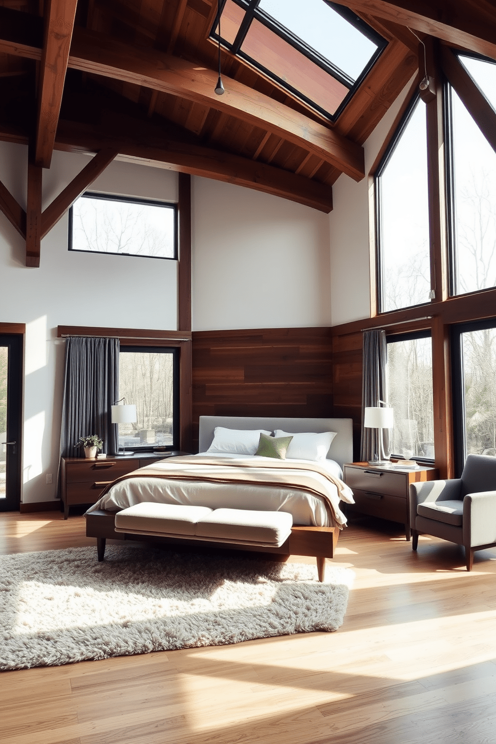 A modern bedroom featuring exposed wooden beams that add rustic charm to the space. The room is adorned with a cozy king-sized bed dressed in soft linens, complemented by minimalist nightstands on either side. Natural light floods in through large windows, creating an inviting atmosphere. A plush area rug anchors the space, while a stylish armchair sits in the corner, perfect for reading or relaxation.