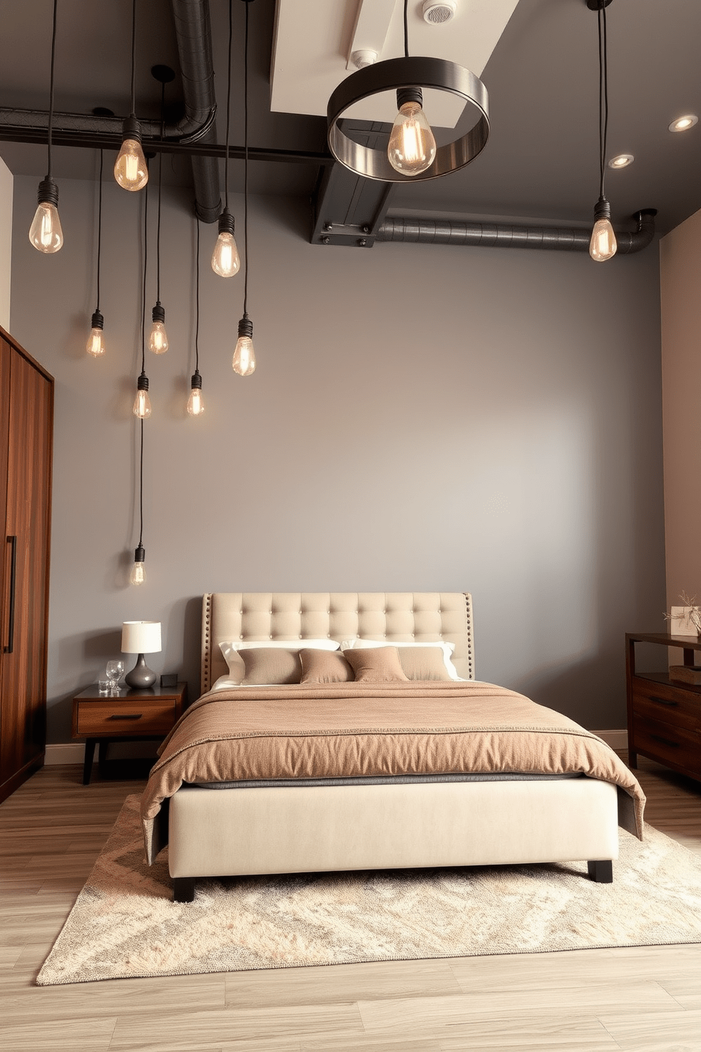 A modern bedroom featuring industrial style lighting with Edison bulbs hanging from the ceiling. The walls are painted in a soft gray tone, and a large plush bed with a tufted headboard takes center stage. Rich wooden accents are incorporated through a bedside table and a dresser, adding warmth to the space. A cozy area rug lies underneath the bed, complementing the overall aesthetic with a touch of texture.