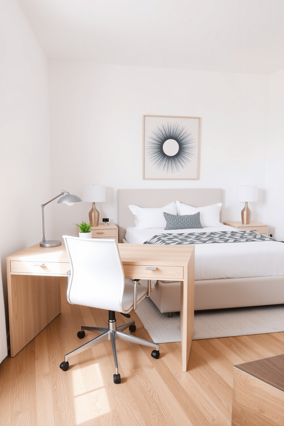 A minimalist desk for a work nook. The desk features clean lines and a light wood finish, accompanied by a sleek, ergonomic chair. The workspace is adorned with a small potted plant and a stylish desk lamp. The walls are painted in a soft white, creating a bright and airy atmosphere. Modern bedroom design ideas. The room showcases a large upholstered bed with crisp white linens and a geometric-patterned throw blanket. A pair of nightstands with elegant lamps flank the bed, while a statement art piece hangs above the headboard.