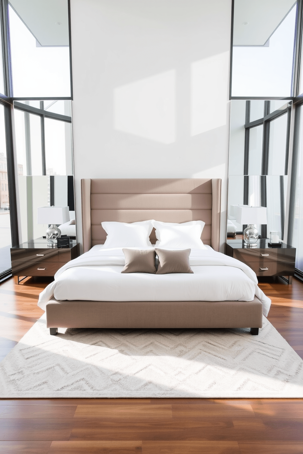 A modern bedroom design featuring large floor-to-ceiling windows that allow natural light to flood the space. The room includes a king-sized bed with a plush upholstered headboard and crisp white linens, complemented by soft throw pillows in muted tones. Incorporate sleek mirrors on opposite walls to create an illusion of depth and brightness. A minimalist nightstand with a stylish lamp sits on either side of the bed, and a cozy area rug adds warmth to the polished wooden floor.