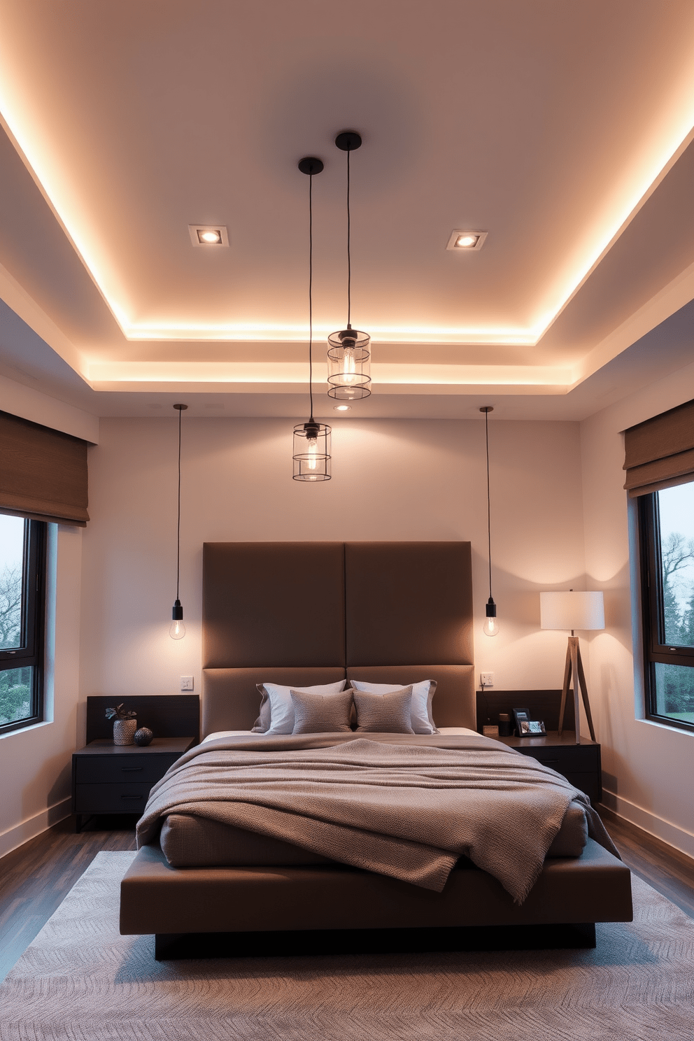 A modern bedroom design featuring layered lighting to create both ambiance and functionality. The room includes a sleek platform bed with a plush headboard, illuminated by pendant lights hanging on either side. Soft recessed lighting is integrated into the ceiling, providing a warm glow that complements the natural light from large windows. A stylish floor lamp in the corner adds an additional layer of light, enhancing the cozy atmosphere of the space.