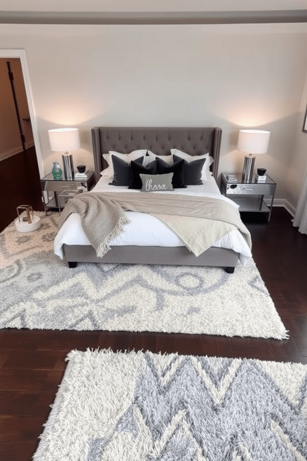 A modern bedroom featuring layered rugs that add texture and warmth to the space. The rugs are in varying shades of gray and cream, beautifully contrasting with the dark hardwood flooring. A plush bed with a tufted headboard is centered against the wall. The bedding is a mix of soft linens and cozy throws, complemented by stylish bedside tables with elegant lamps.