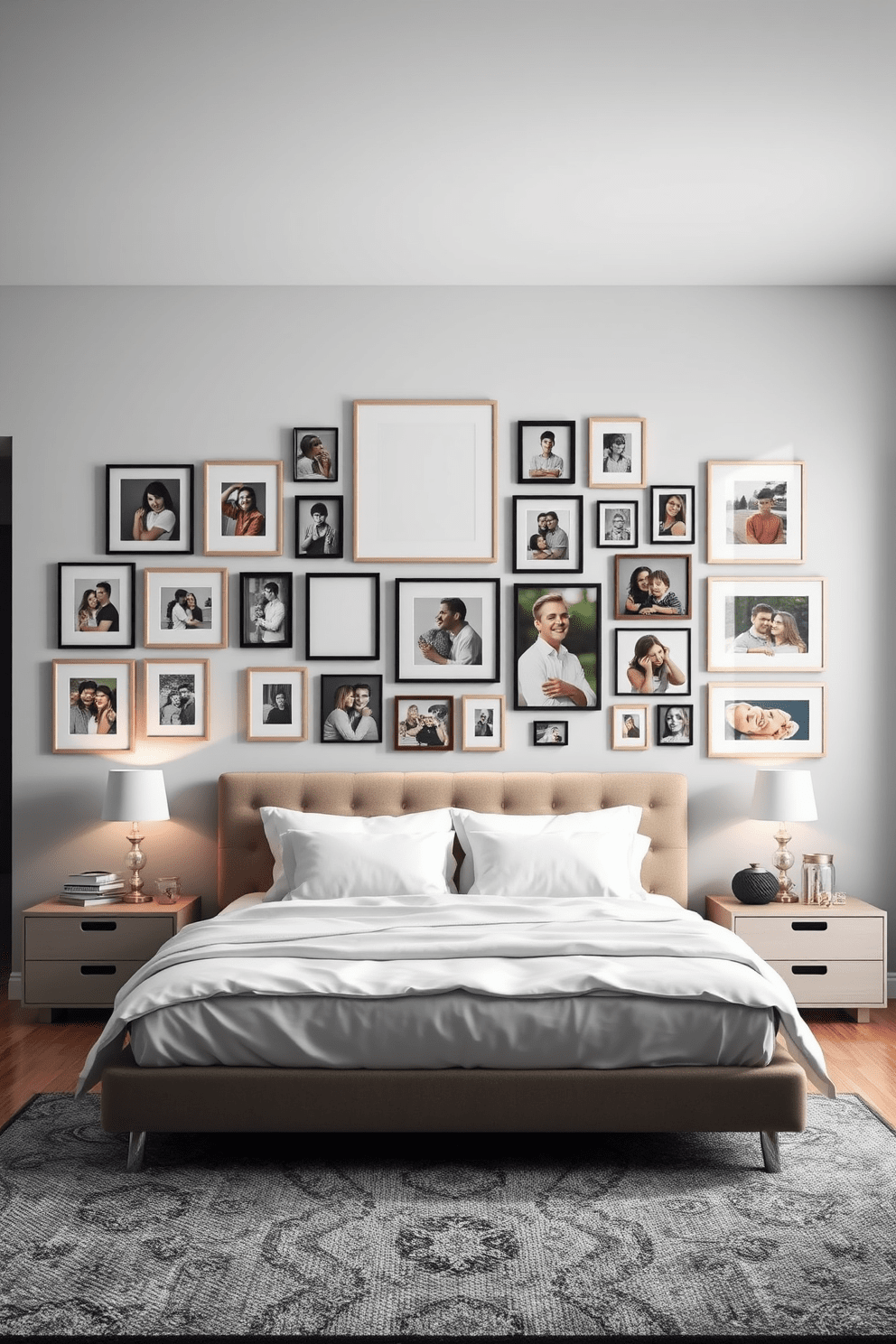 A personalized gallery wall filled with framed photos of loved ones and memorable moments. The wall features a mix of sizes and styles, creating a dynamic and inviting focal point in the room. The modern bedroom design includes a sleek platform bed with a plush headboard and crisp white linens. Soft ambient lighting from bedside lamps enhances the cozy atmosphere while a textured area rug adds warmth beneath the feet.