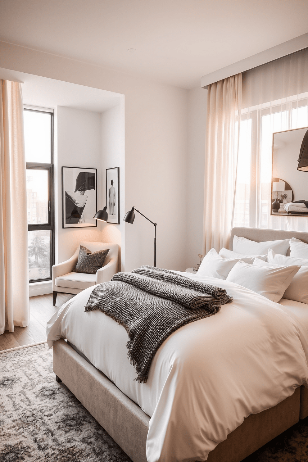 A modern bedroom featuring a cozy reading nook in one corner. The nook includes a plush armchair upholstered in soft fabric, accompanied by a small side table and a stylish floor lamp for warm lighting. The bed is elegantly dressed with crisp white linens and a textured throw blanket, positioned against a feature wall adorned with contemporary artwork. Large windows allow natural light to flood the space, complemented by sheer curtains that gently diffuse the sunlight.