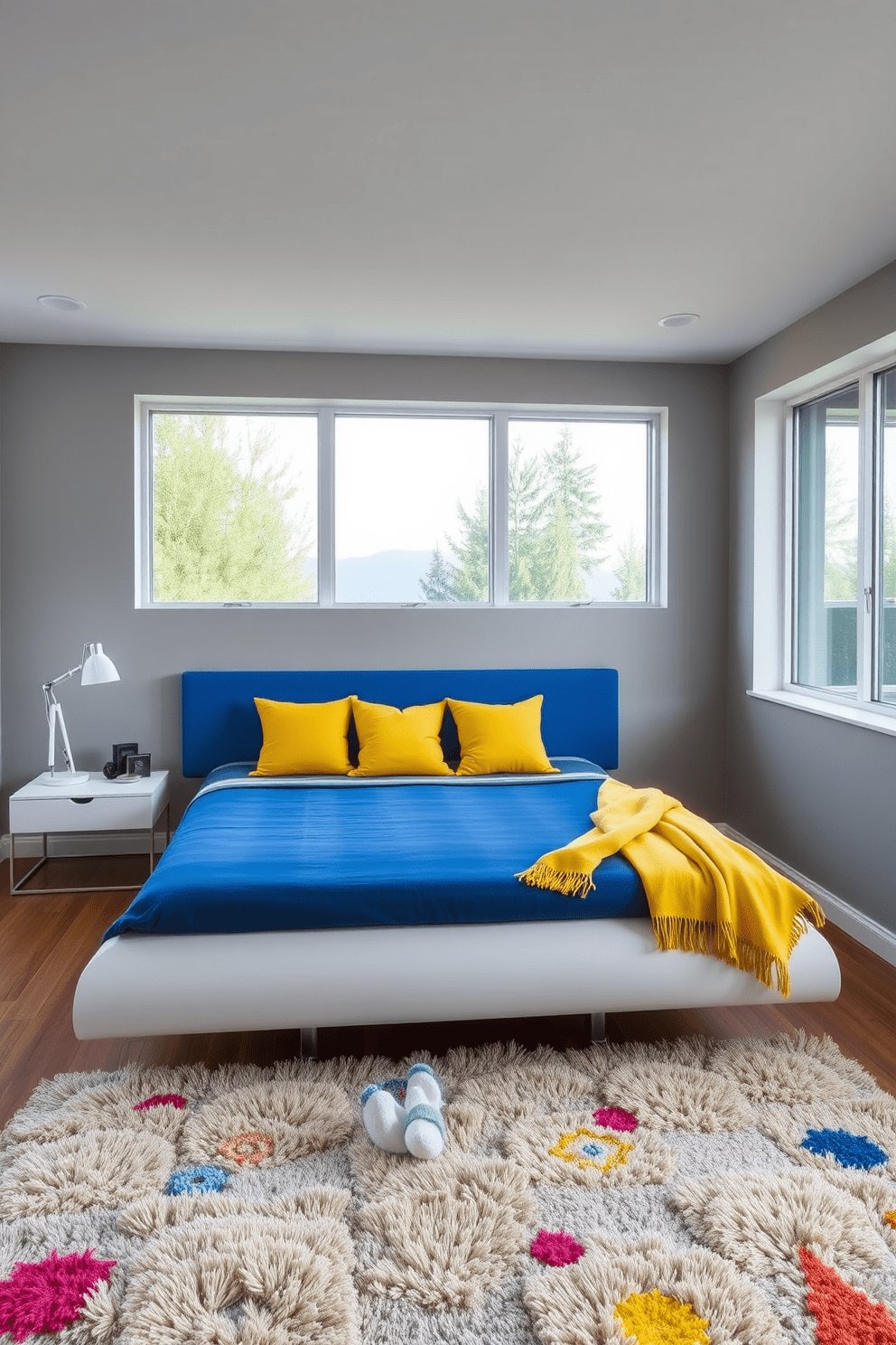 A modern bedroom featuring a sleek platform bed with a bold blue headboard. The walls are painted in a soft gray, while vibrant yellow throw pillows and a matching blanket add striking color accents. A minimalist nightstand holds a contemporary lamp with a geometric design. Large windows allow natural light to flood the room, highlighting a plush area rug with colorful patterns.