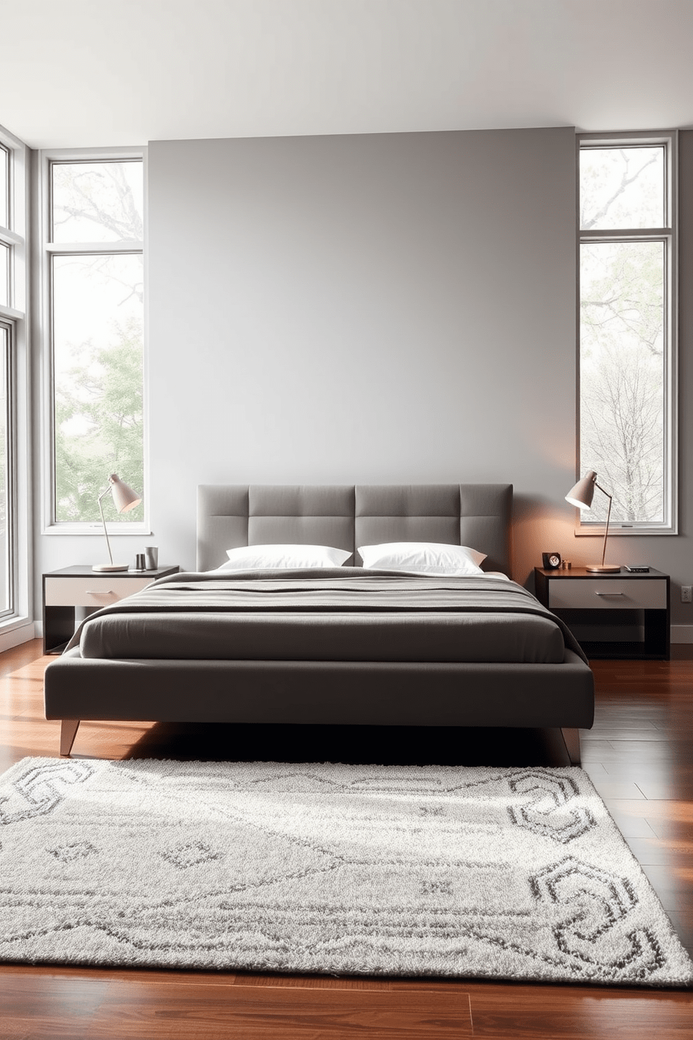 A modern bedroom featuring a low-profile bed frame with a sleek design and upholstered headboard. The walls are painted in a soft gray tone, and large windows allow natural light to flood the room. Flanking the bed, there are minimalist nightstands with contemporary lamps that add a warm glow. A cozy area rug lies beneath the bed, complementing the hardwood floor and adding texture to the space.