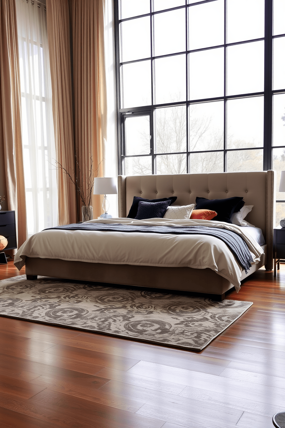 A modern bedroom setting featuring a large upholstered bed with a plush headboard dressed in a mix of linen and velvet textiles. The bedding includes a combination of soft neutral tones and bold accent pillows, creating a layered and inviting look. Large windows allow natural light to flood the space, with sheer curtains gently framing the view. A stylish area rug anchors the room, adding warmth and texture to the hardwood floor.