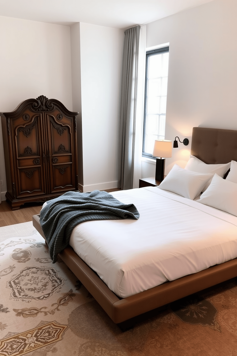 A modern bedroom featuring a sleek platform bed with crisp white linens and a plush gray throw blanket. A vintage wooden dresser with intricate carvings adds character to the space, while a large window allows natural light to filter through sheer curtains. The walls are painted in a soft, neutral tone, creating a calming atmosphere. A stylish area rug in muted tones anchors the room, and a pair of contemporary bedside lamps provide warm lighting on either side of the bed.