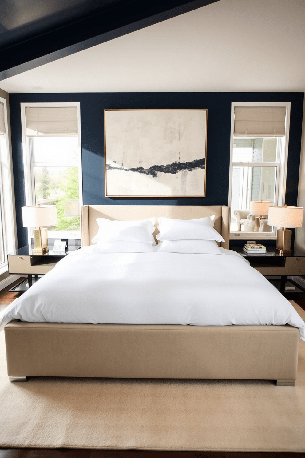 A modern bedroom featuring a bold accent wall in a deep navy blue color. The room includes a plush king-sized bed with crisp white linens and a stylish upholstered headboard. On either side of the bed, sleek nightstands hold contemporary lamps with warm light. A large abstract painting hangs above the bed, adding a touch of sophistication to the space. The floor is adorned with a soft area rug that complements the color scheme. Large windows allow natural light to flood the room, enhancing the inviting atmosphere.