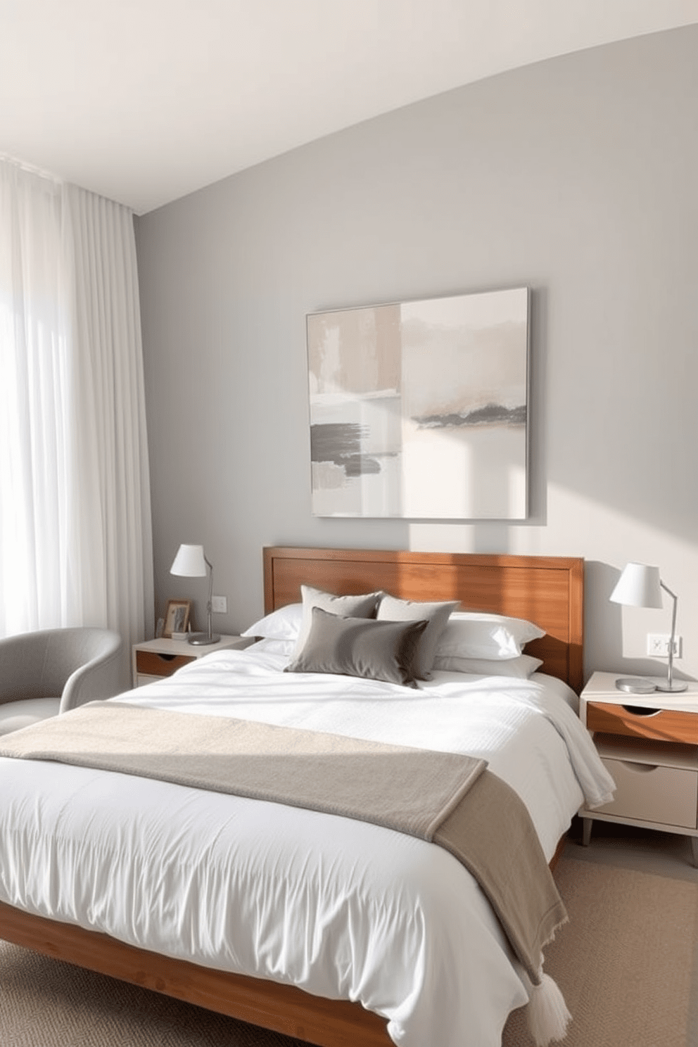 A modern bedroom featuring a cohesive color palette of soft grays and warm whites. The walls are painted in a light gray, complemented by a plush white bedspread and accent pillows in varying shades of gray. A sleek wooden bed frame anchors the room, paired with minimalist nightstands on either side. A large abstract painting in muted tones hangs above the bed, adding a focal point to the space. Natural light floods in through sheer white curtains, enhancing the airy feel of the room. A cozy reading nook with a gray armchair and a small side table creates an inviting corner for relaxation.