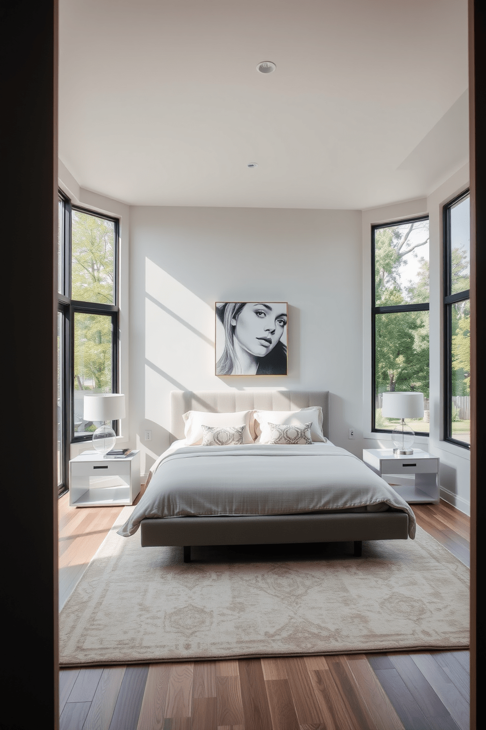 A modern bedroom featuring large windows that allow abundant natural light to flood the space. The room is adorned with a minimalist bed frame, soft bedding in neutral tones, and a cozy seating area by the windows. The walls are painted in a calming light gray, complemented by a stylish area rug that adds warmth. Sleek bedside tables hold contemporary lamps, and a statement piece of artwork hangs above the bed, creating a serene yet elegant atmosphere.