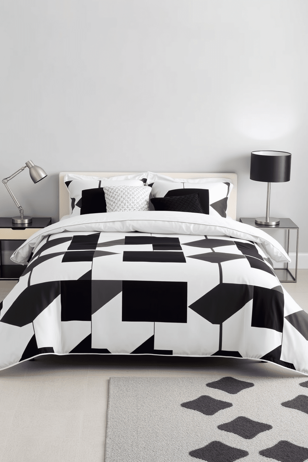 A modern bedroom featuring geometric patterns in the bedding and decor. The bed is dressed in a duvet cover with bold geometric shapes in a monochromatic color scheme, complemented by textured throw pillows. The walls are painted a soft gray, creating a serene backdrop for the vibrant patterns. A sleek nightstand with a minimalist lamp sits beside the bed, and a contemporary area rug adds warmth to the space.