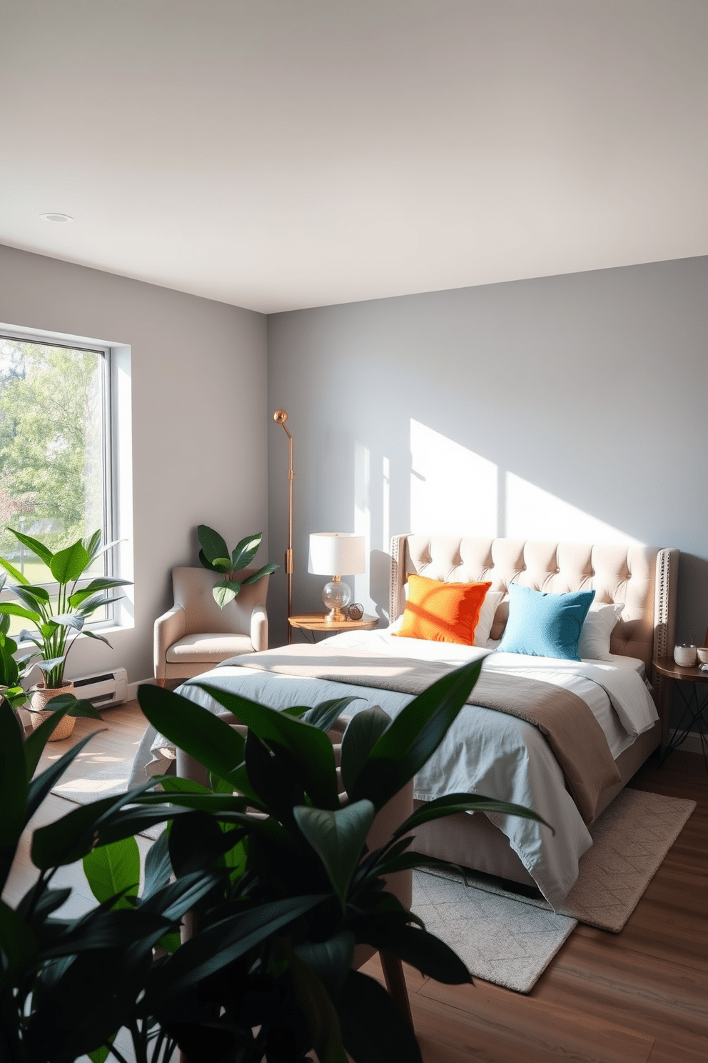 A modern bedroom featuring a large window that allows natural light to flood the space. The walls are painted in a soft gray, and a plush bed with a tufted headboard is centered against one wall, adorned with colorful throw pillows. In one corner, a stylish armchair complements the decor, while a small side table holds a decorative lamp. Lush indoor plants are placed strategically around the room, adding a touch of greenery and creating a serene atmosphere.