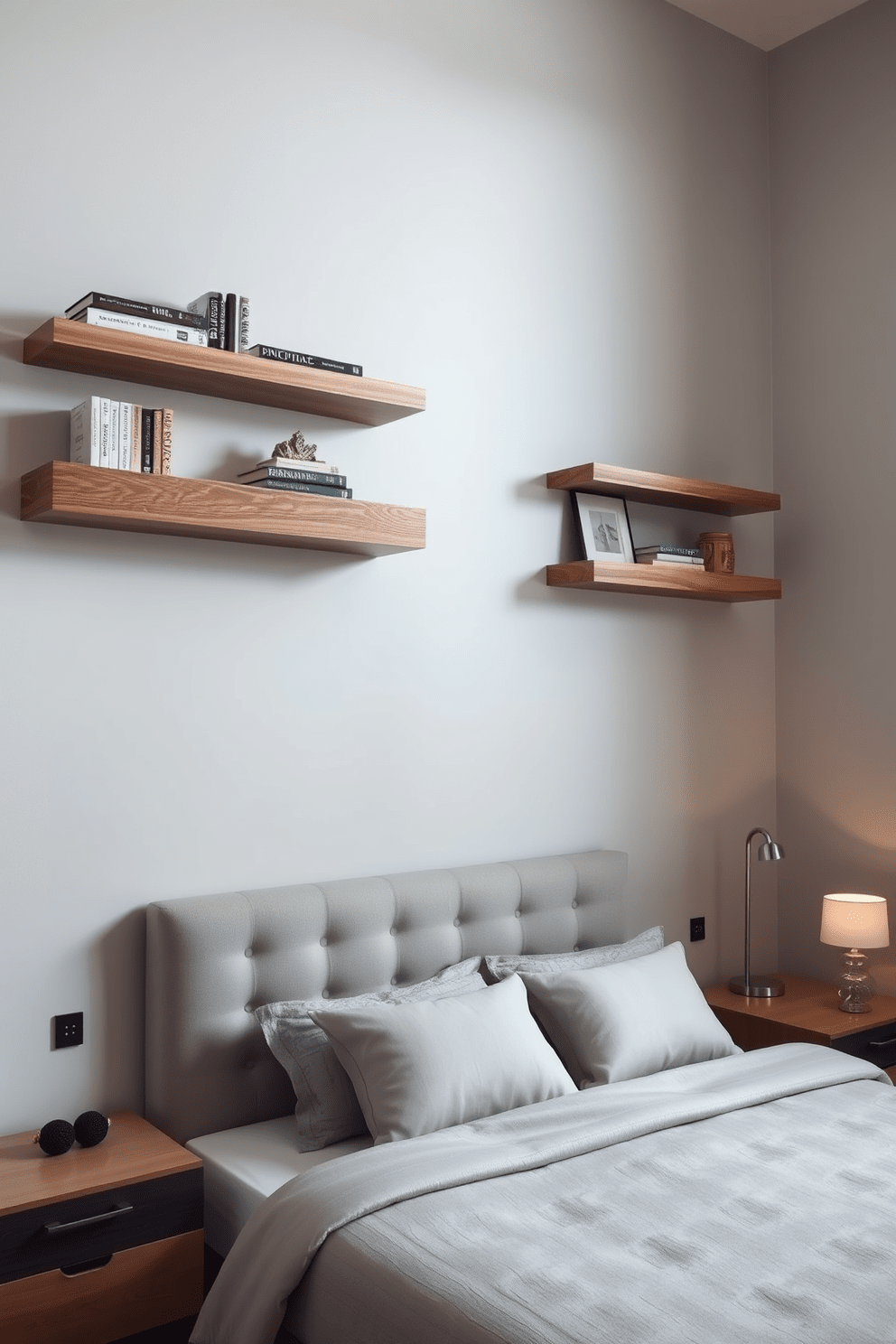 Floating shelves are elegantly arranged on the walls, providing stylish storage for books and decorative items. The shelves are made of reclaimed wood, adding warmth to the contemporary aesthetic of the room. The modern bedroom features a plush king-sized bed with a tufted headboard in a soft gray fabric. Flanking the bed are sleek nightstands with minimalist lamps, creating a balanced and inviting atmosphere.