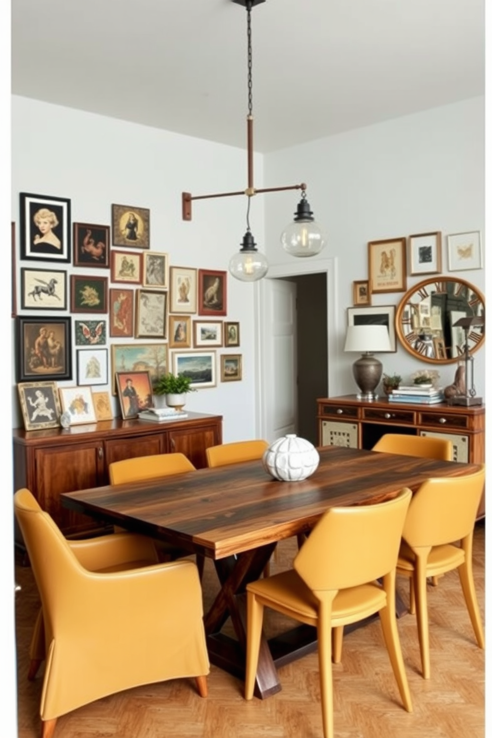 A modern dining room that blends vintage and contemporary styles. The centerpiece is a reclaimed wood dining table surrounded by sleek, upholstered chairs in a bold color. On the walls, a gallery of vintage art pieces contrasts with modern lighting fixtures hanging above the table. A stylish sideboard with a mix of antique and modern decor completes the inviting atmosphere.