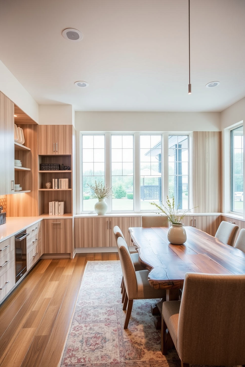 A modern dining room features custom built-in storage solutions seamlessly integrated into the design. The storage is crafted from light wood with sleek finishes, providing ample space for dinnerware and decorative items. The dining table is a striking centerpiece made of reclaimed wood, surrounded by upholstered chairs in a neutral fabric. Large windows allow natural light to flood the space, enhancing the warm tones of the interior.