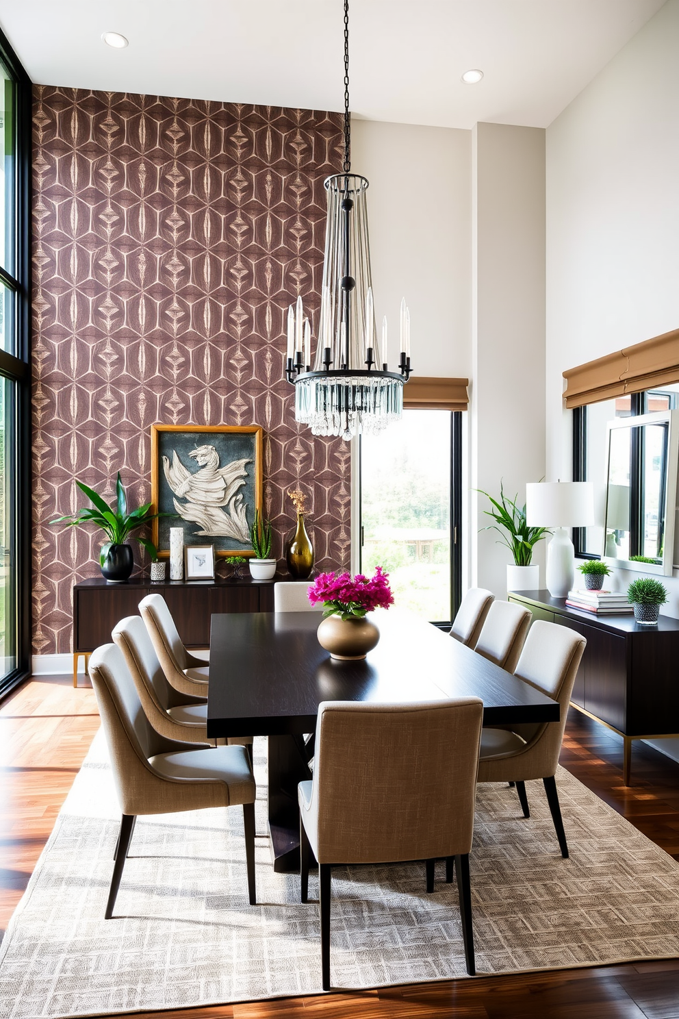 A stunning modern dining room featuring an accent wall adorned with bold geometric wallpaper. The dining table is made of dark wood, surrounded by sleek upholstered chairs in a neutral tone. Large windows allow natural light to fill the space, highlighting the elegant chandelier hanging above the table. A stylish sideboard against the accent wall displays decorative items and a few potted plants for added greenery.