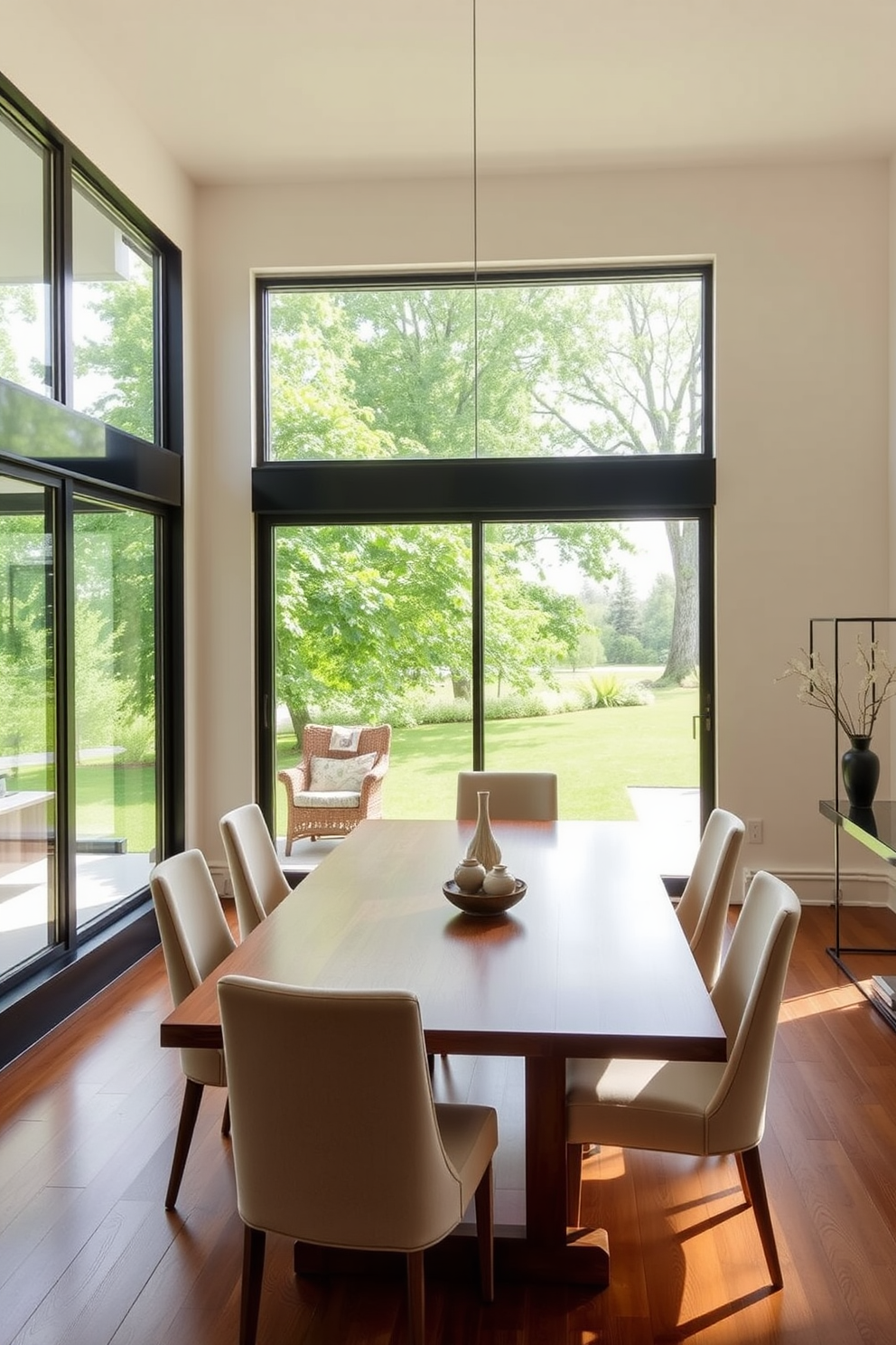 A modern dining room featuring large windows that allow ample natural light to fill the space. The room is styled with a sleek wooden dining table surrounded by upholstered chairs in a soft neutral fabric.