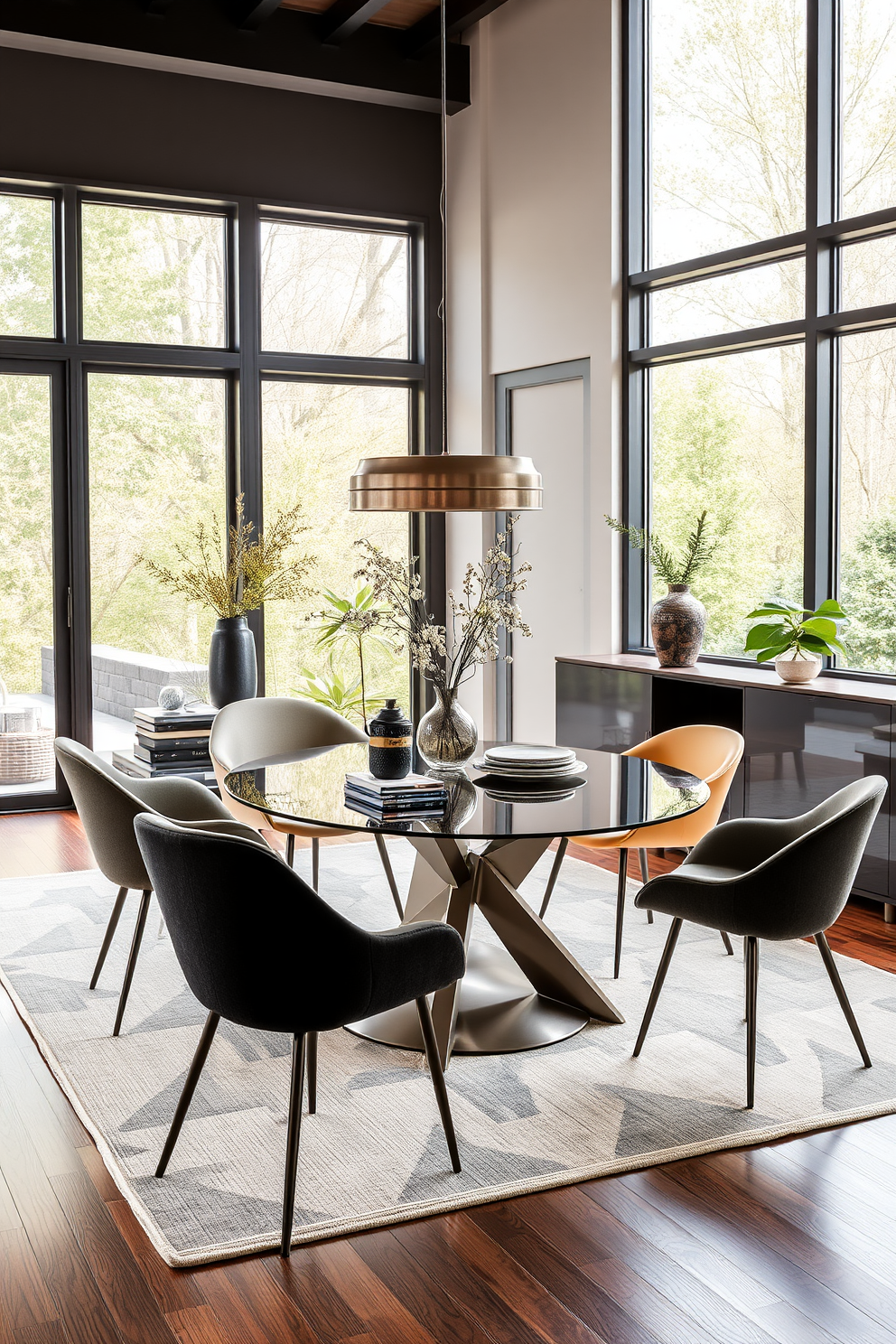 A collection of unique dining chair designs that elevate a modern dining room. Each chair features a different material and shape, showcasing sleek lines and contemporary aesthetics. The dining room is adorned with a stylish table that complements the chairs, creating a cohesive look. Large windows allow natural light to flood the space, enhancing the vibrant colors and textures of the decor.