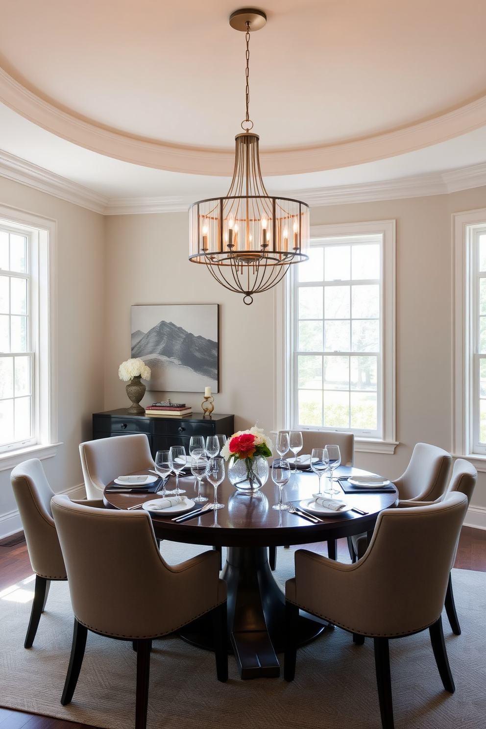 A modern dining room featuring a round table set for intimate gatherings. The table is surrounded by elegant upholstered chairs, and a statement chandelier hangs above, casting a warm glow over the space. The walls are painted in a soft neutral color, complementing the rich wood tones of the table. Large windows allow natural light to flood in, creating a welcoming atmosphere that invites conversation and connection.