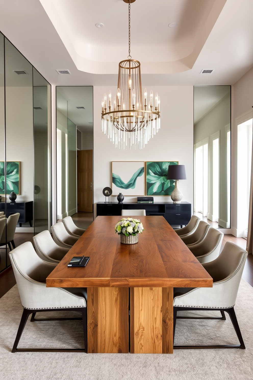 A modern dining room featuring a large rectangular table made of reclaimed wood surrounded by sleek upholstered chairs. The walls are adorned with large mirrors that reflect natural light, creating an illusion of a more spacious environment. A stunning chandelier hangs above the table, adding a touch of elegance to the space. The color palette consists of soft neutrals with pops of deep green in the decor and artwork.