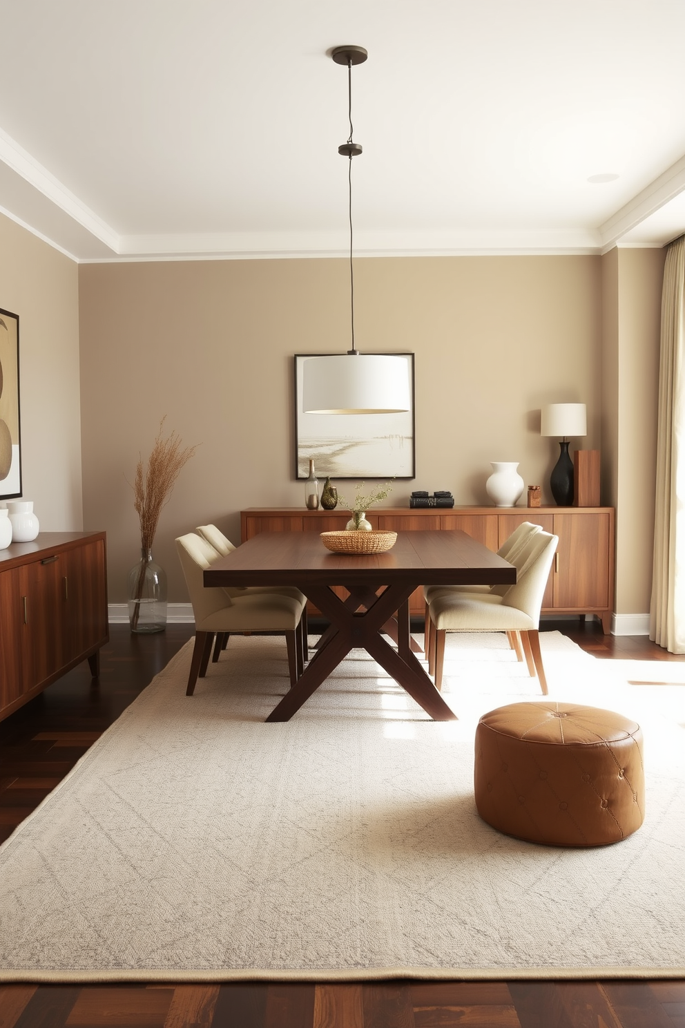 A modern dining room featuring warm wood accents and neutral tones. The space includes a large wooden dining table surrounded by upholstered chairs in soft beige, complemented by a stylish pendant light overhead. The walls are painted in a light taupe, creating a cozy atmosphere. A large area rug with subtle patterns anchors the space, while a sideboard in a matching wood finish adds functionality and style.