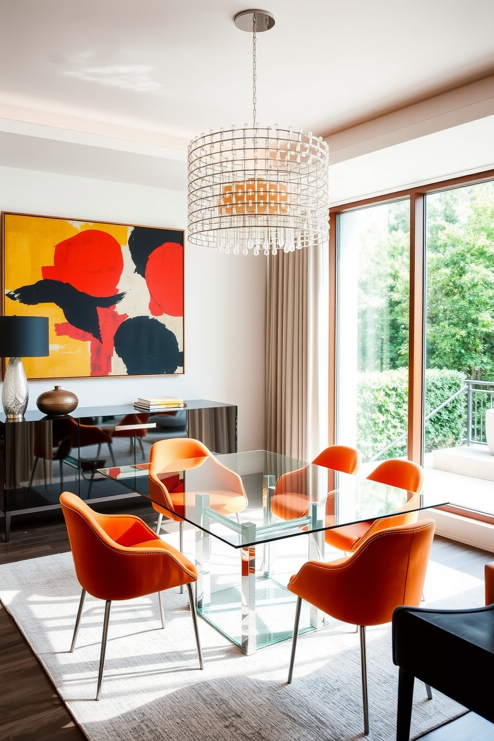 A modern dining room featuring a sleek glass table surrounded by upholstered chairs in a vibrant color. The walls are adorned with bold abstract artwork that adds a striking contrast to the neutral tones of the room. A statement chandelier hangs above the table, casting a warm glow over the space. Large windows allow natural light to flood in, enhancing the inviting atmosphere of the dining area.