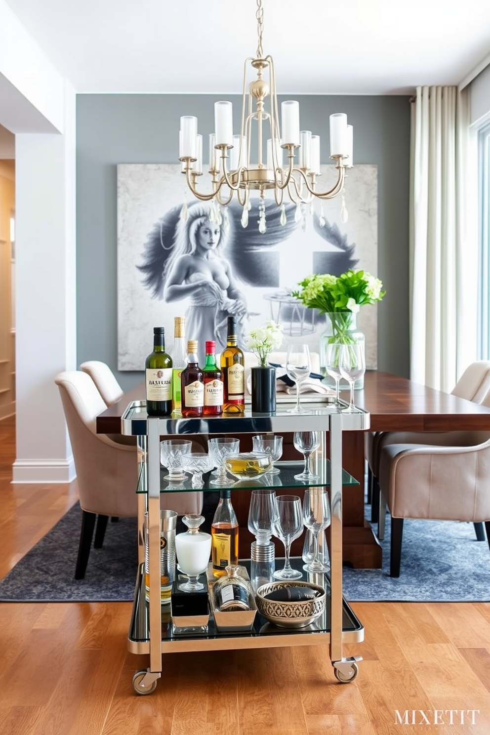 A functional bar cart for entertaining. The cart is sleek and stylish, featuring a polished metal frame with glass shelves, stocked with a variety of spirits and elegant glassware. Modern dining room design ideas. The space includes a large wooden table surrounded by upholstered chairs, with a statement chandelier hanging above, creating an inviting atmosphere for gatherings.