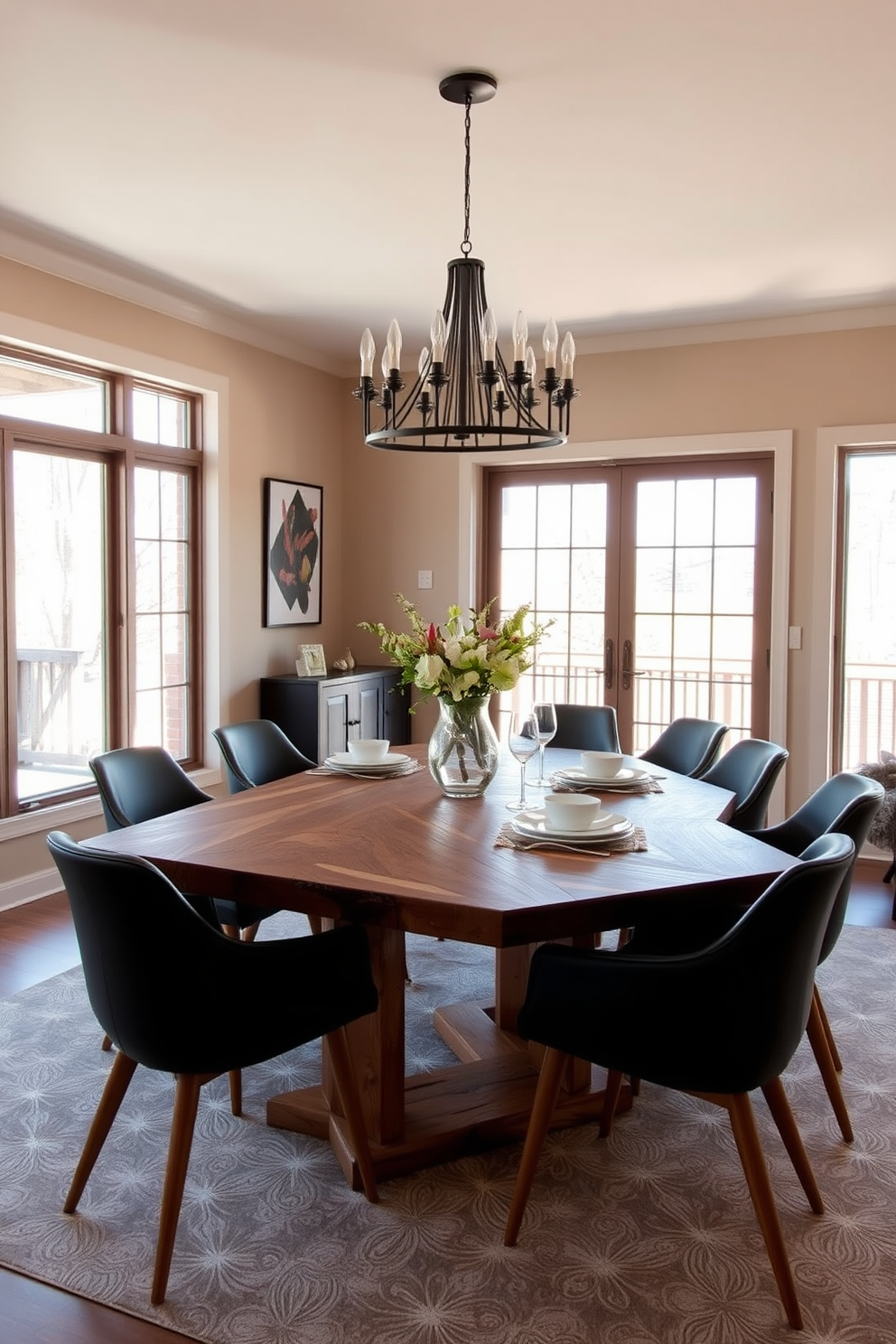 A rustic wooden dining table is the centerpiece of the room, surrounded by sleek modern chairs that contrast beautifully with its natural texture. The walls are painted in a warm neutral tone, and large windows allow natural light to fill the space, highlighting the table's rich grain. A statement chandelier hangs above the table, adding an elegant touch to the casual setting. Decorative elements such as a vase with fresh flowers and stylish tableware complete the inviting atmosphere of the modern dining room.