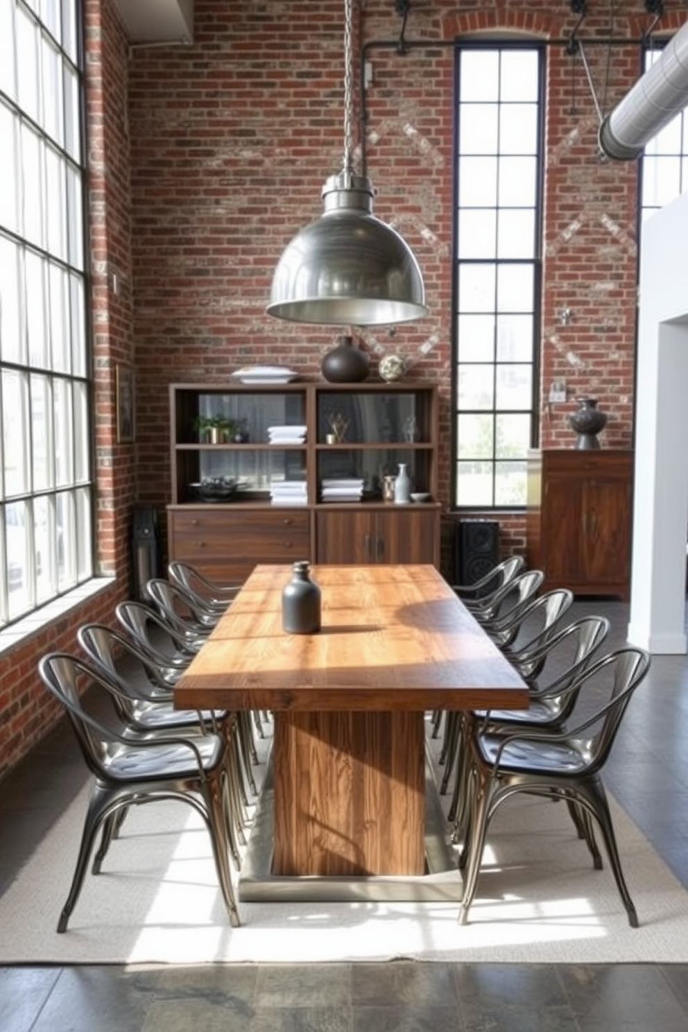 A modern dining room featuring an industrial style with a mix of metal and wood elements. The centerpiece is a large wooden dining table surrounded by metal chairs, creating a striking contrast. Exposed brick walls add texture to the space while large windows allow natural light to flood in. A metal pendant light hangs above the table, enhancing the industrial aesthetic.