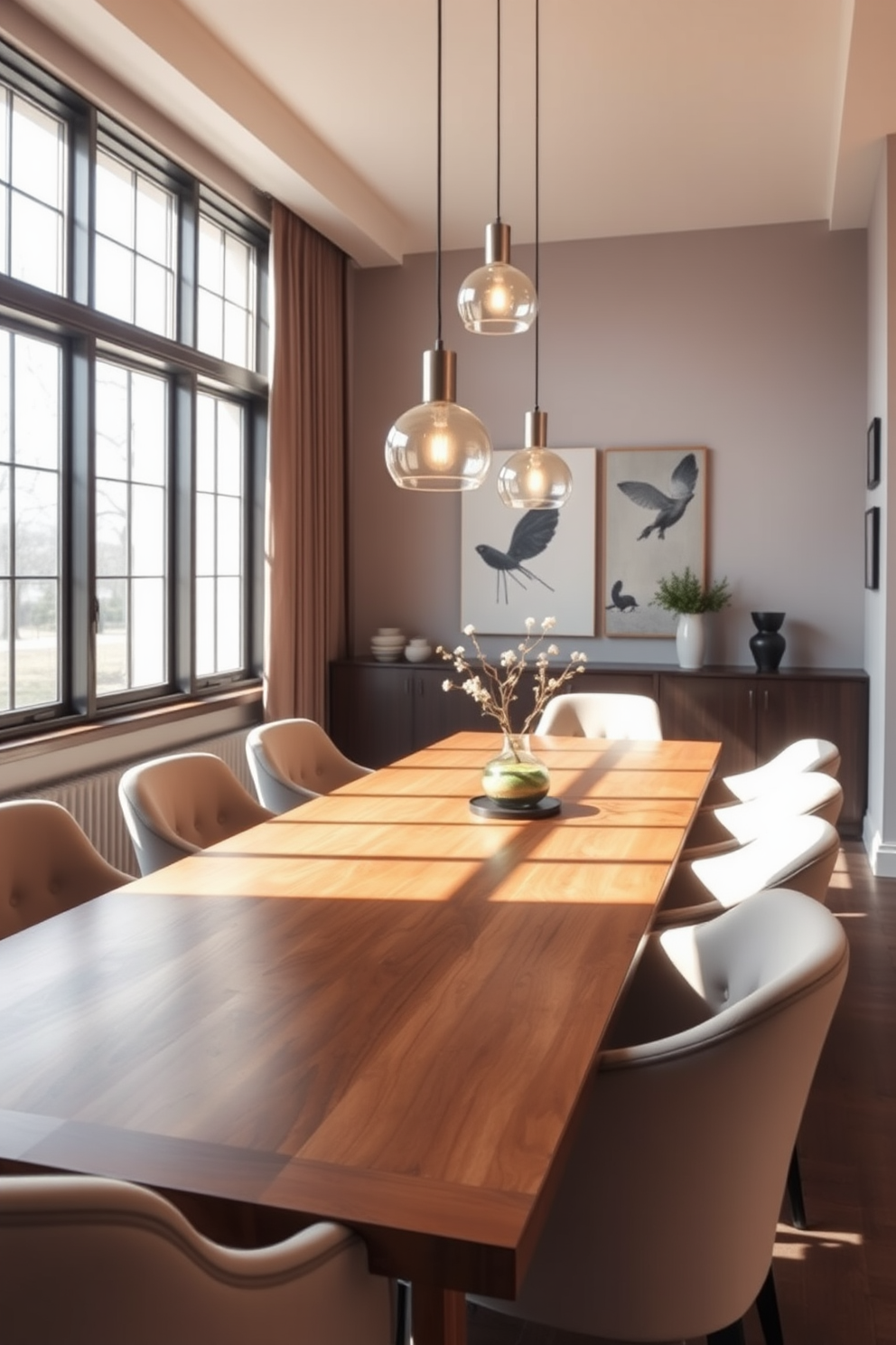 A modern dining room featuring a sleek wooden table surrounded by upholstered chairs in a neutral tone. Soft lighting fixtures hang above the table, casting a warm glow that enhances the inviting atmosphere. The walls are adorned with minimalist artwork, adding a touch of elegance to the space. Large windows allow natural light to flood in, complementing the soft lighting and creating a cozy environment.