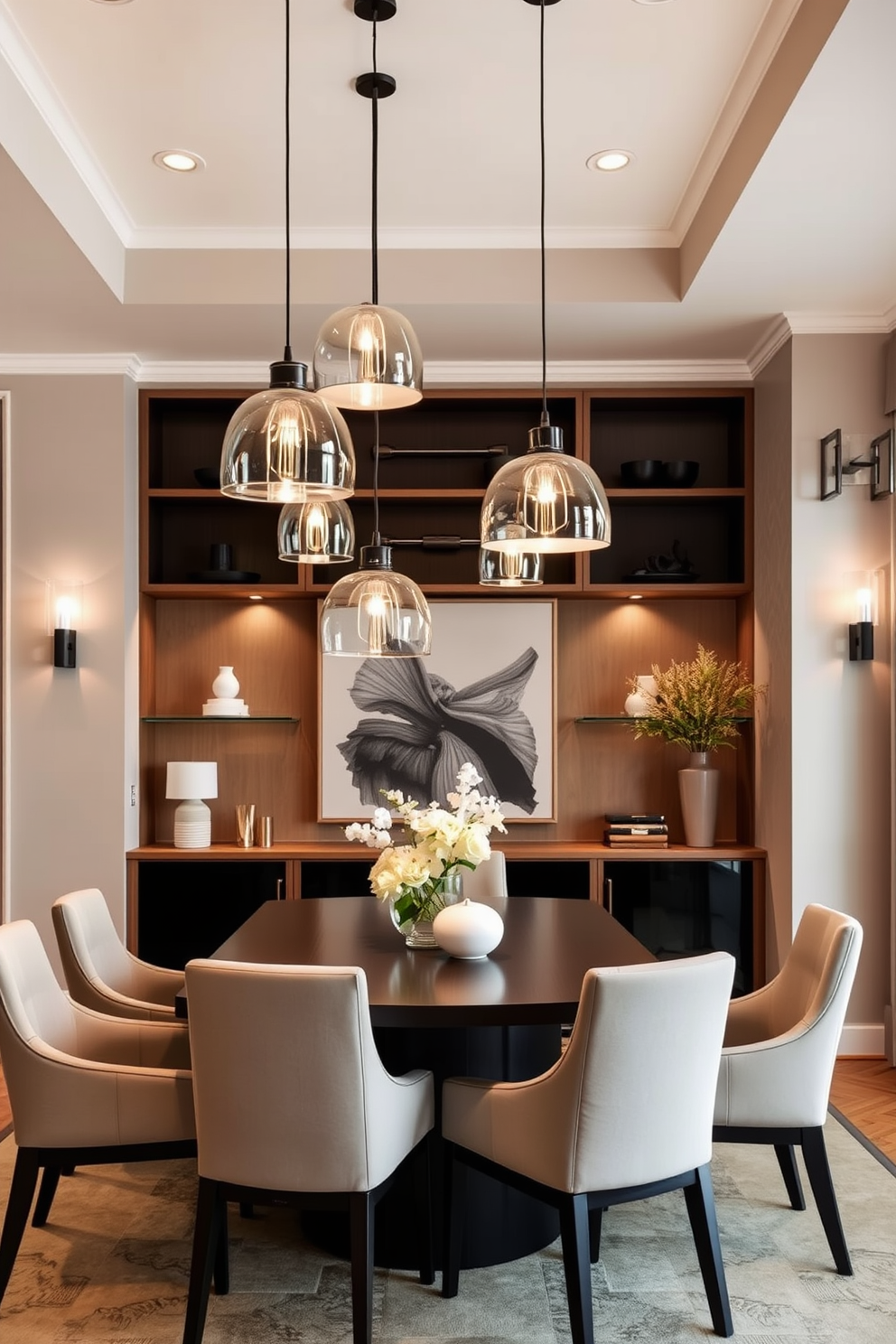 A modern dining room featuring layered lighting that includes stylish pendant lights hanging above the table and elegant sconces mounted on the walls. The space is designed with a sleek dining table surrounded by upholstered chairs, complemented by a neutral color palette and natural wood accents.