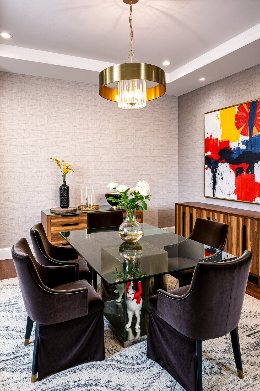 A modern dining room featuring a sleek glass table surrounded by upholstered chairs in a rich velvet fabric. The walls are adorned with a textured wallpaper in a soft gray, while a statement chandelier made of brushed metal hangs above the table. Incorporate a sideboard made of reclaimed wood to add warmth and character to the space. A large abstract painting in bold colors serves as a focal point on one wall, enhancing the room's contemporary aesthetic.