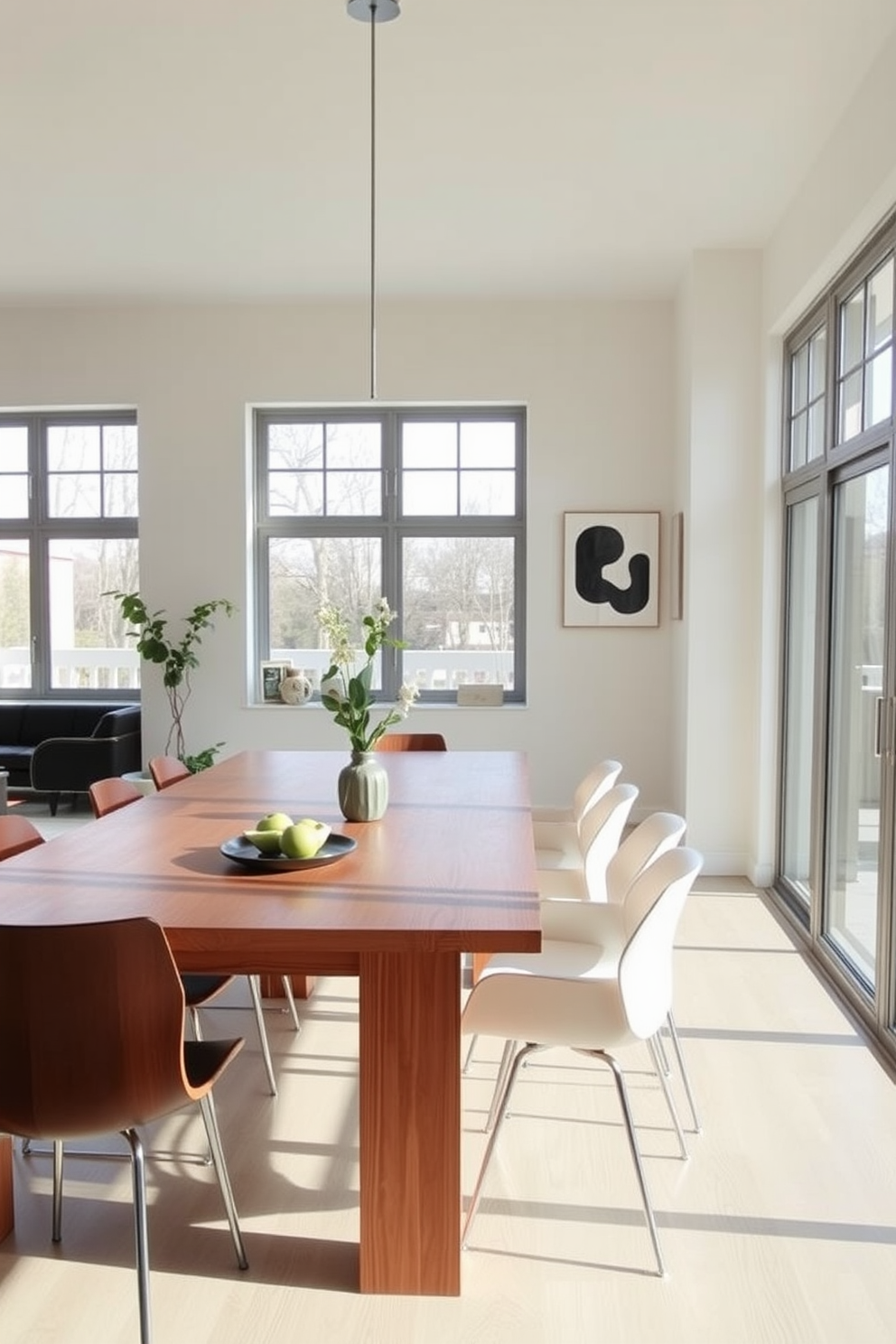 A modern dining room featuring creative use of space with folding tables. The room is bright and airy, showcasing a sleek wooden dining table that can be expanded by folding out additional leaves when needed. Surrounding the table are stylish chairs that complement the contemporary aesthetic. Large windows allow natural light to flood the space, highlighting a minimalist decor with subtle pops of color.