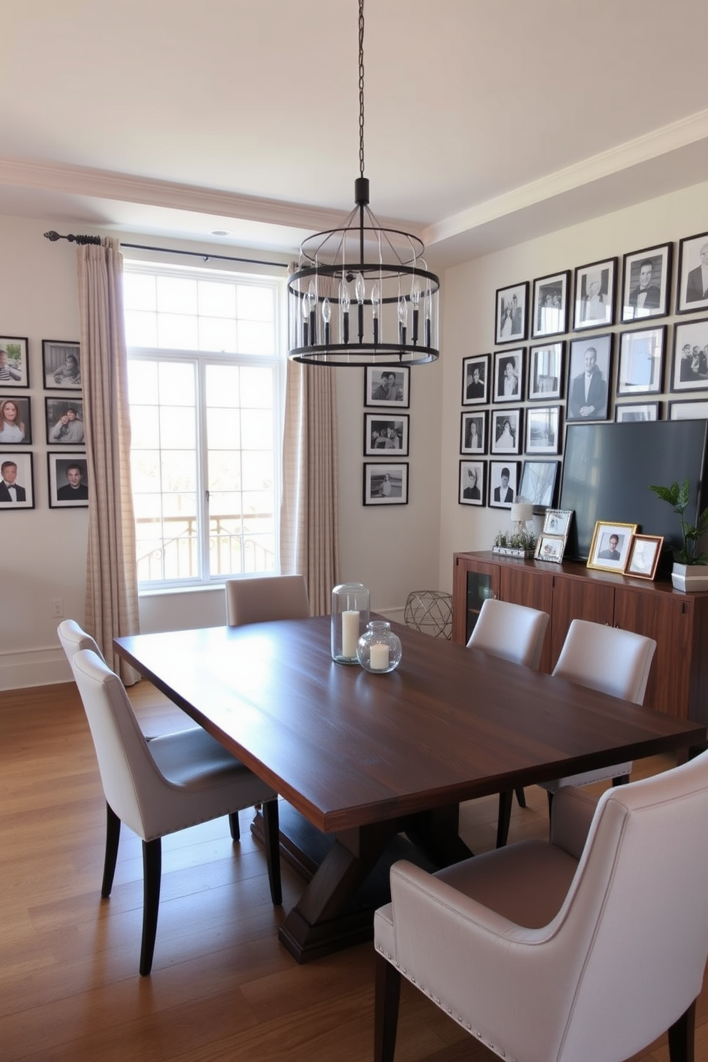 A modern dining room featuring a sleek wooden table surrounded by upholstered chairs. The walls are adorned with a gallery of family photos in minimalist frames, creating a warm and inviting atmosphere. Large windows allow natural light to flood the space, highlighting a statement chandelier above the table. A stylish sideboard against one wall displays decorative items and additional family photos, enhancing the personalized decor.