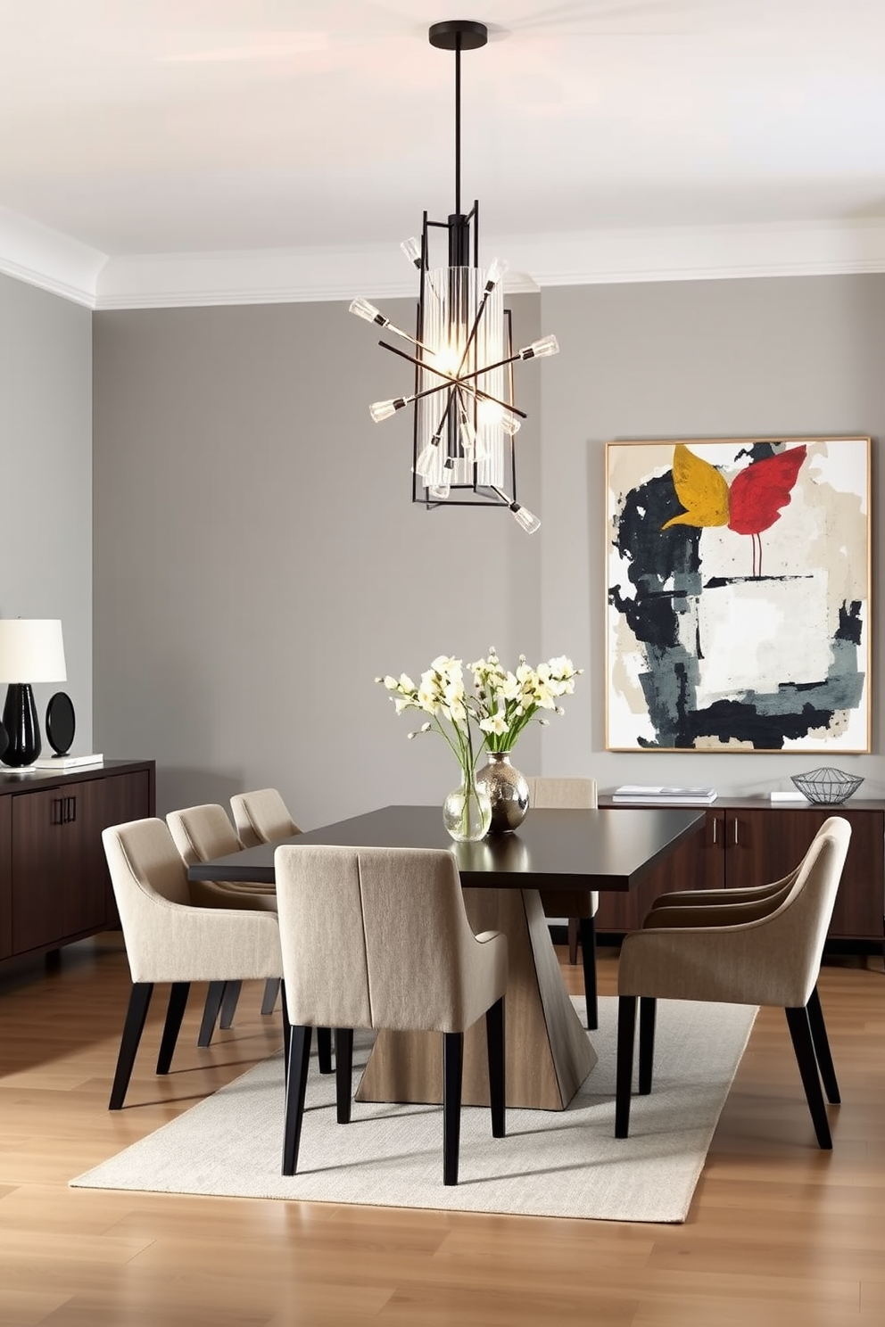 A modern dining room featuring a sleek rectangular dining table surrounded by upholstered chairs in a neutral fabric. Above the table, bold statement lighting creates a striking focal point, illuminating the space with a warm glow. The walls are painted in a soft gray, complemented by a large piece of abstract art that adds a splash of color. A stylish sideboard against one wall holds decorative items and serves as additional storage for dining essentials.