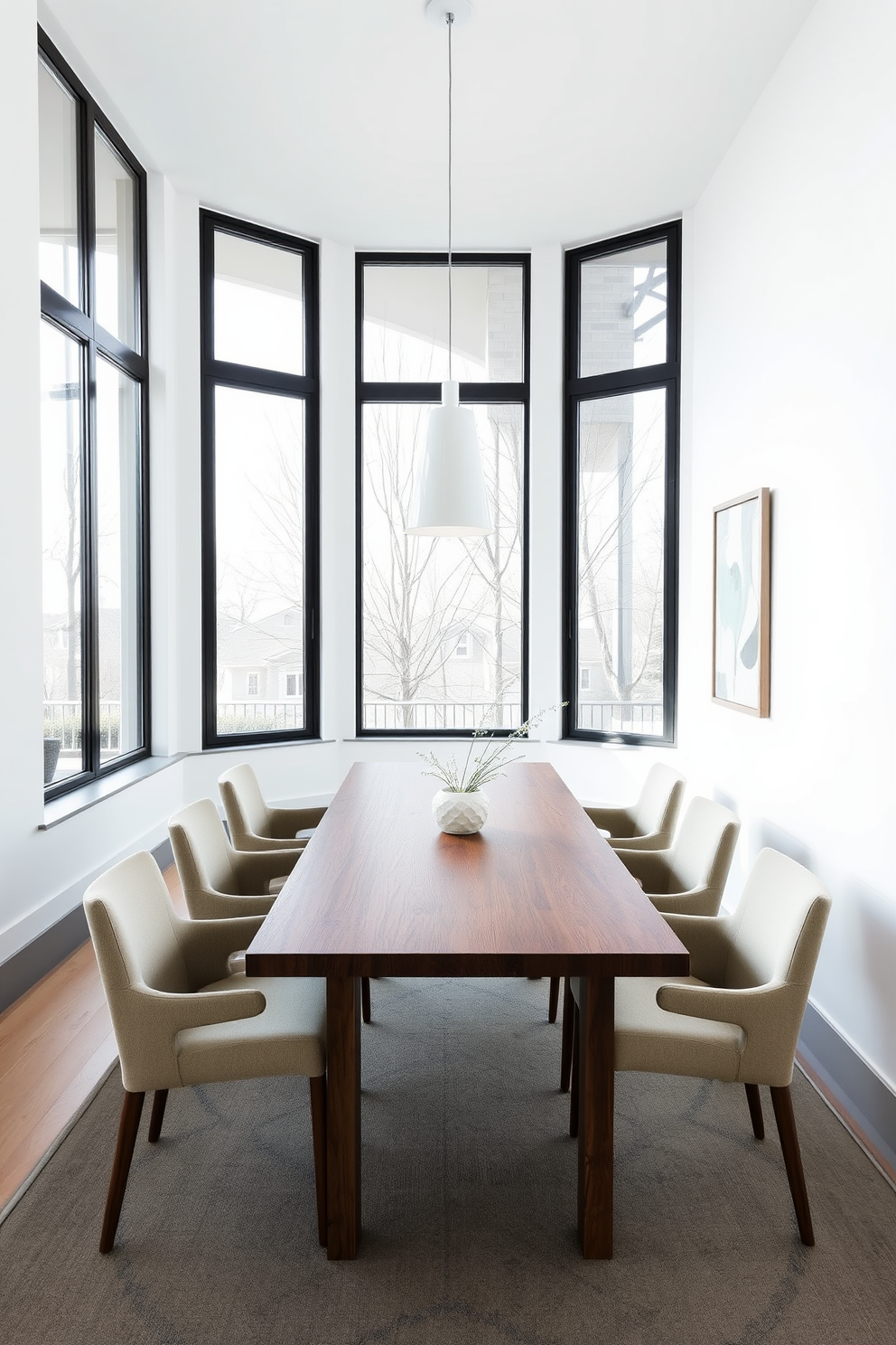 A minimalist dining room features a sleek wooden table surrounded by simple, upholstered chairs in neutral tones. Large windows allow natural light to flood the space, highlighting the understated elegance of the decor. The walls are painted in a soft white, creating a bright and airy atmosphere. A single statement pendant light hangs above the table, providing a focal point without overwhelming the simplicity of the design.