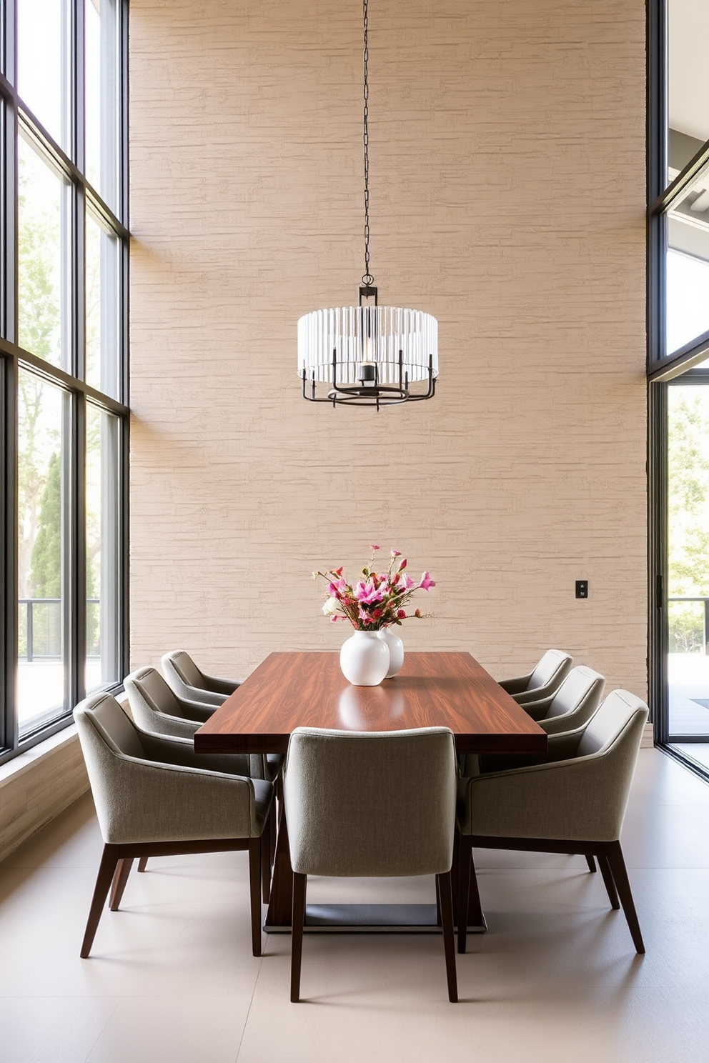 A modern dining room featuring a textured wall that adds depth and interest to the space. The room includes a sleek wooden dining table surrounded by upholstered chairs in a neutral color palette. Large windows allow natural light to flood in, enhancing the inviting atmosphere. A statement chandelier hangs above the table, providing a focal point and soft illumination for evening gatherings.