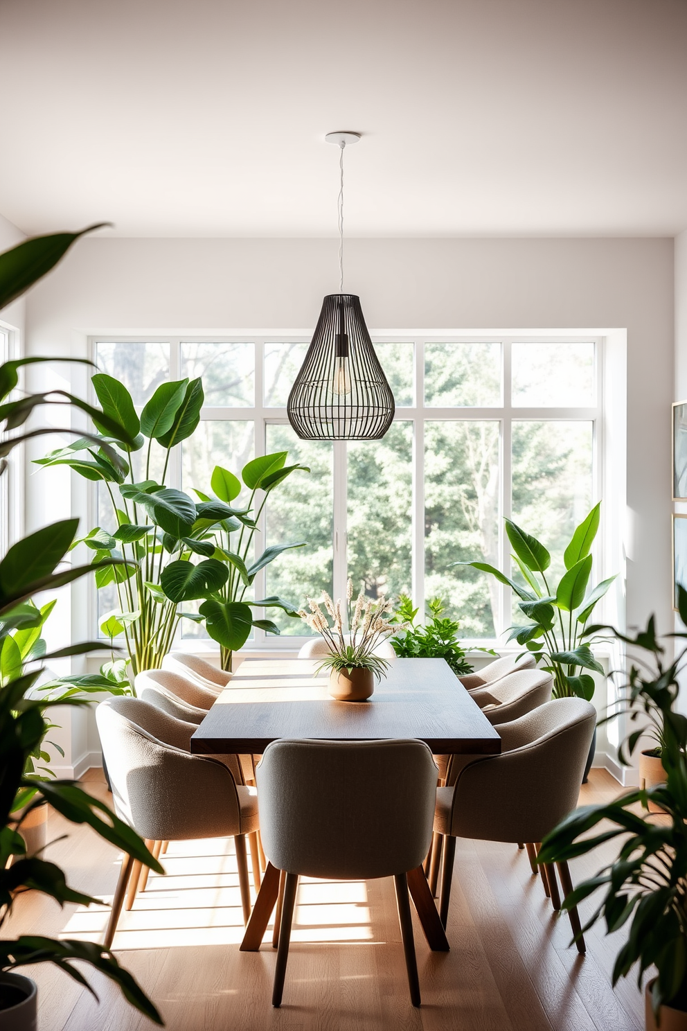 A modern dining room filled with natural light. Lush indoor plants are strategically placed around the room, enhancing the fresh and vibrant atmosphere. The dining table is a sleek wooden design surrounded by comfortable upholstered chairs. A statement pendant light hangs above the table, creating a warm and inviting focal point.