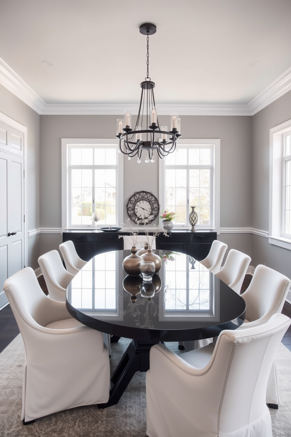 A modern dining room featuring a monochromatic color scheme that exudes elegance. The walls are painted in a soft gray, complemented by a sleek black dining table surrounded by white upholstered chairs. A striking chandelier hangs above the table, casting a warm glow over the space. Large windows allow natural light to flood in, enhancing the minimalist decor with subtle decorative elements in varying shades of gray.