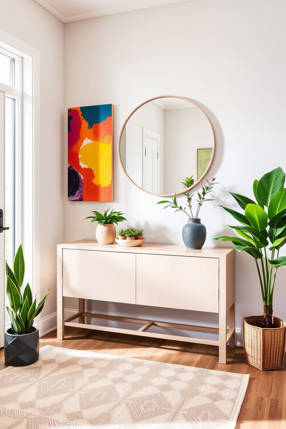 A modern entryway featuring a sleek console table in a soft beige finish. Above the table, a large round mirror reflects natural light, while colorful artwork in vibrant hues adds a dynamic touch to the wall. The floor is adorned with a stylish geometric rug in neutral tones, creating a warm welcome. Potted plants in varying heights introduce lively green accents, enhancing the overall aesthetic of the space.