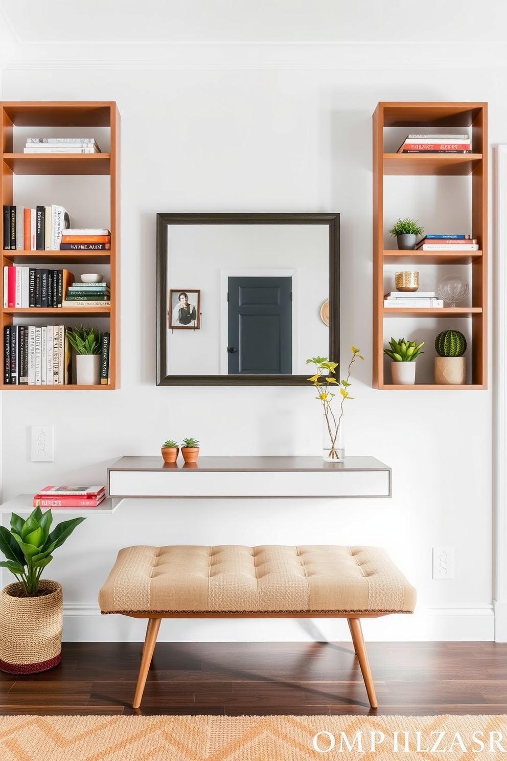 Open shelving units line the walls of a modern entryway, showcasing a curated selection of books, plants, and decorative items. The space features a sleek console table beneath a large mirror, with a stylish bench for seating and a warm area rug anchoring the design.