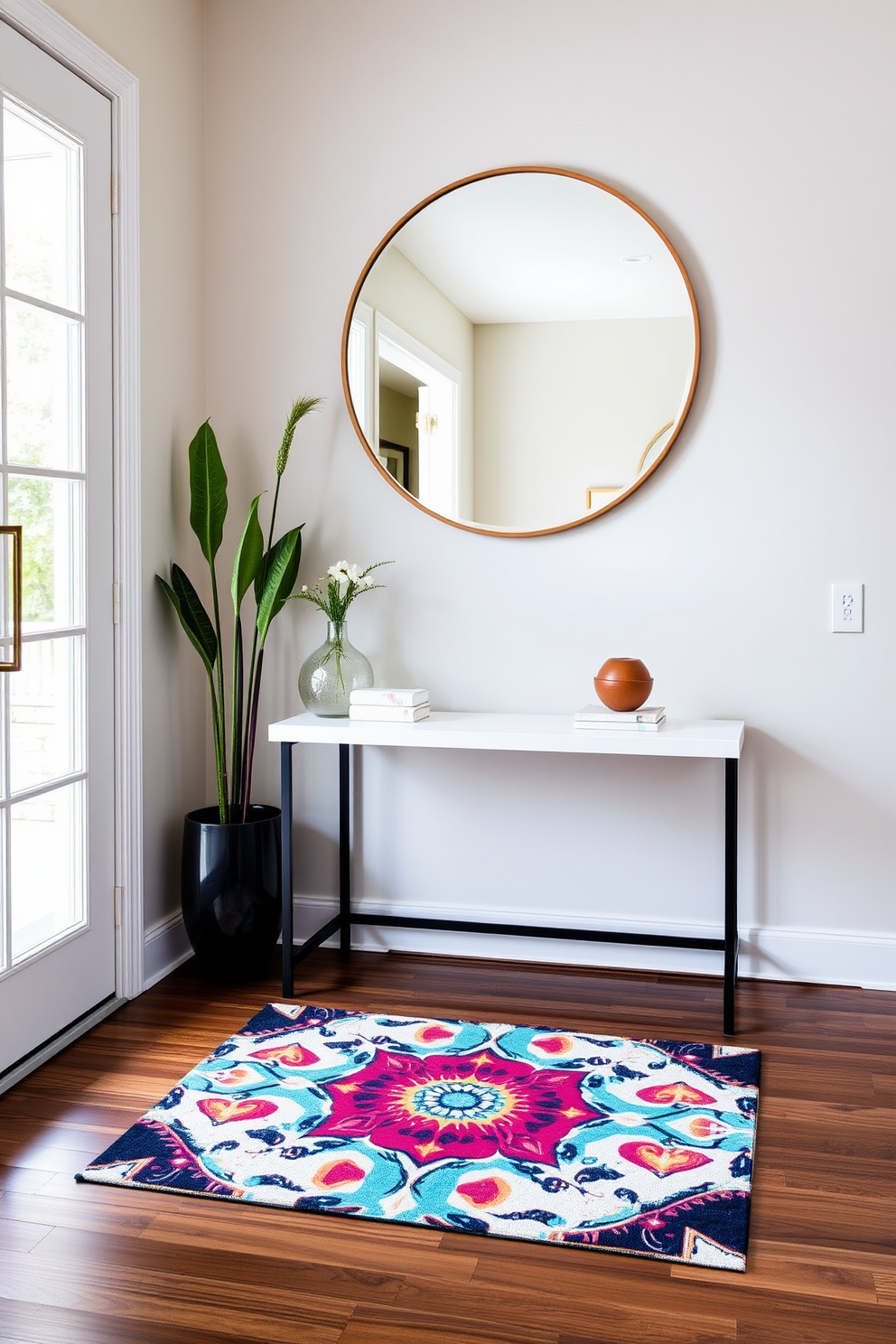 Artistic door mat for a welcoming entry. The mat features a vibrant geometric pattern that complements the surrounding decor. Modern entryway design ideas include a sleek console table with a minimalist design. Above the table, a large round mirror reflects natural light and enhances the sense of space.